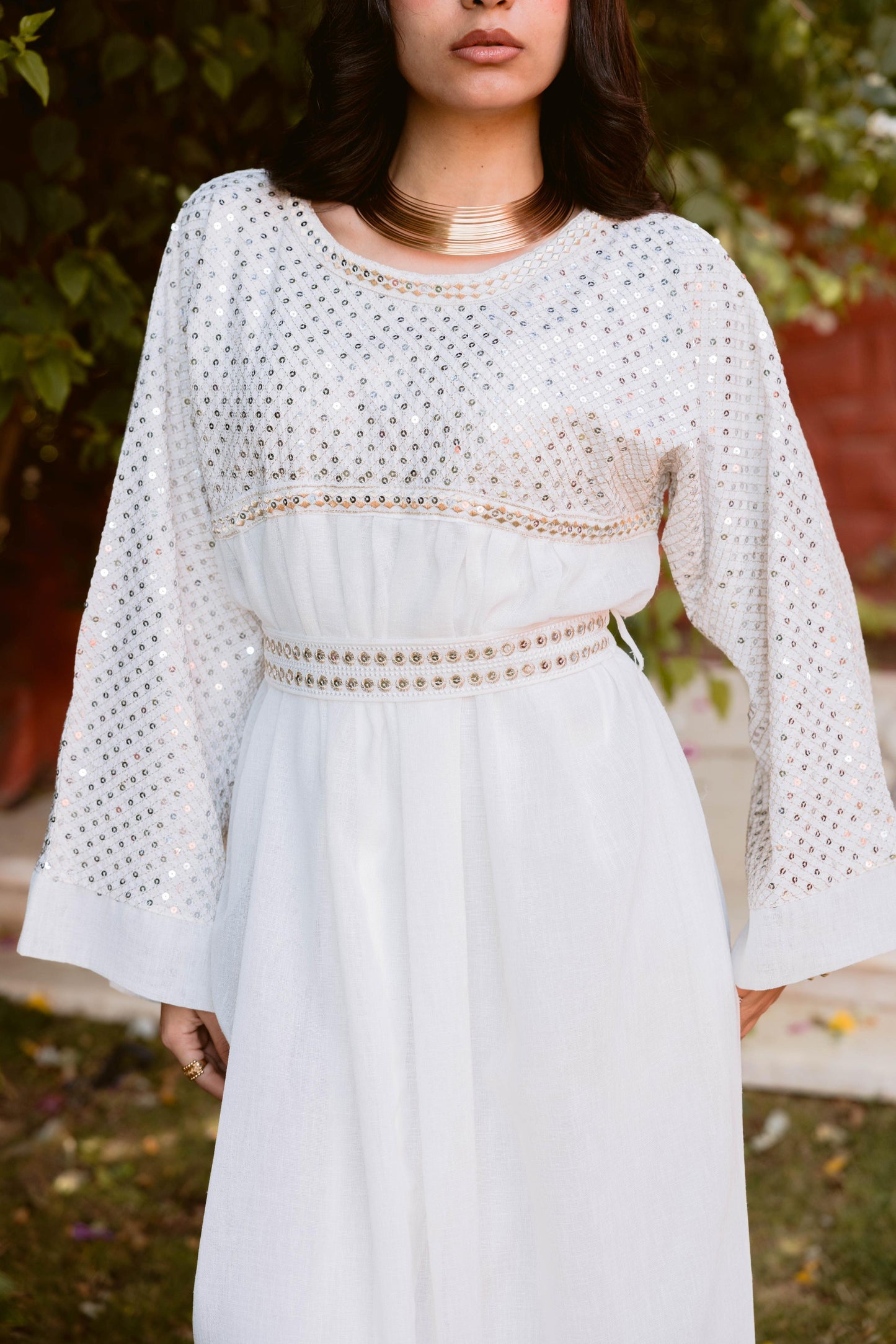 2 Pieces Delicate Handcrafted Embroidered Dress with Flowing Sleeves-white