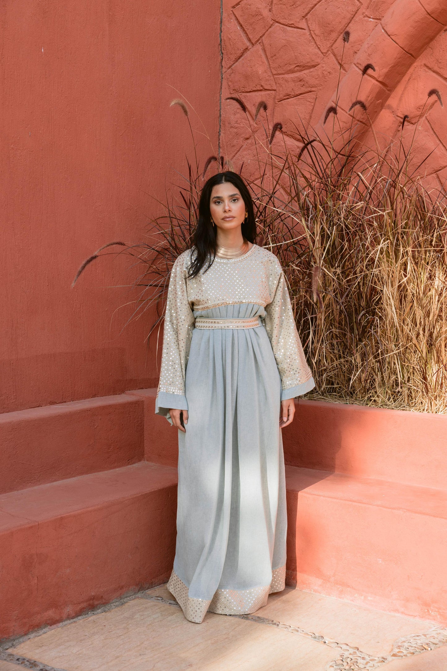 2 Pieces Delicate Handcrafted Embroidered Dress with Flowing Sleeves-mint