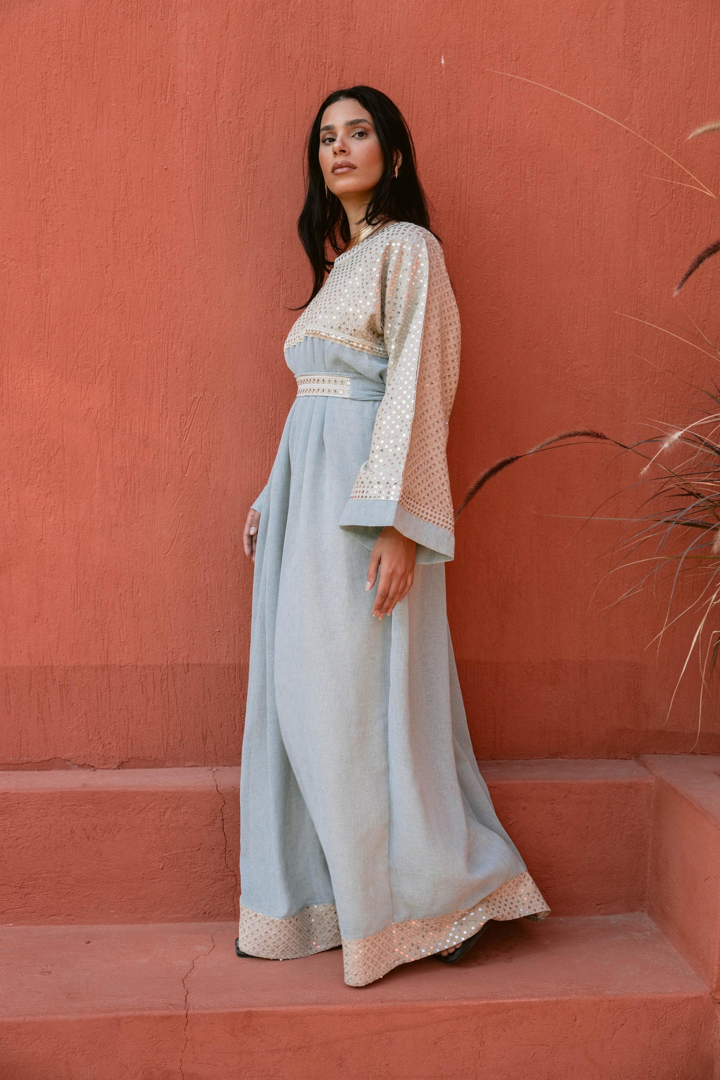 2 Pieces Delicate Handcrafted Embroidered Dress with Flowing Sleeves-mint