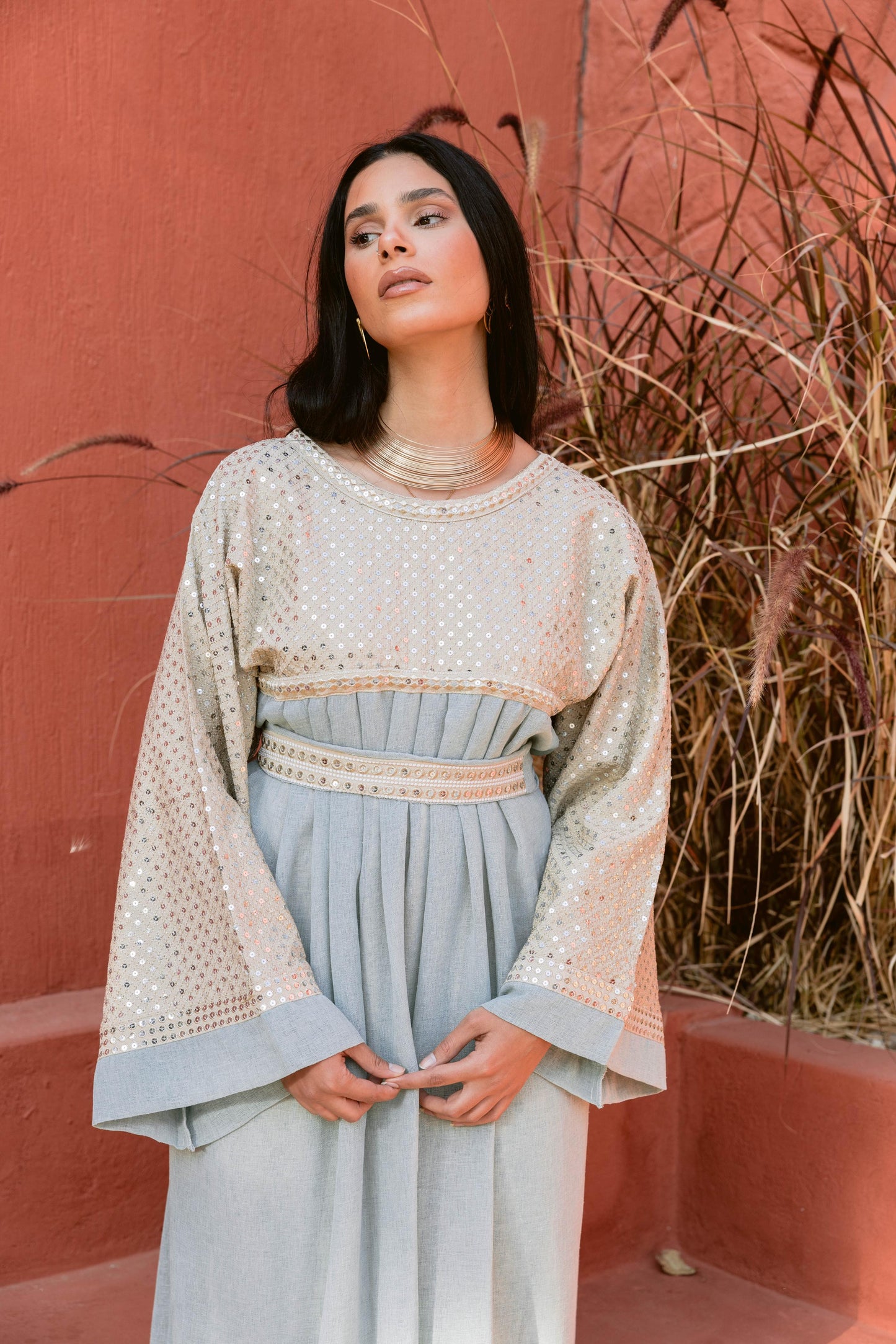 2 Pieces Delicate Handcrafted Embroidered Dress with Flowing Sleeves-mint