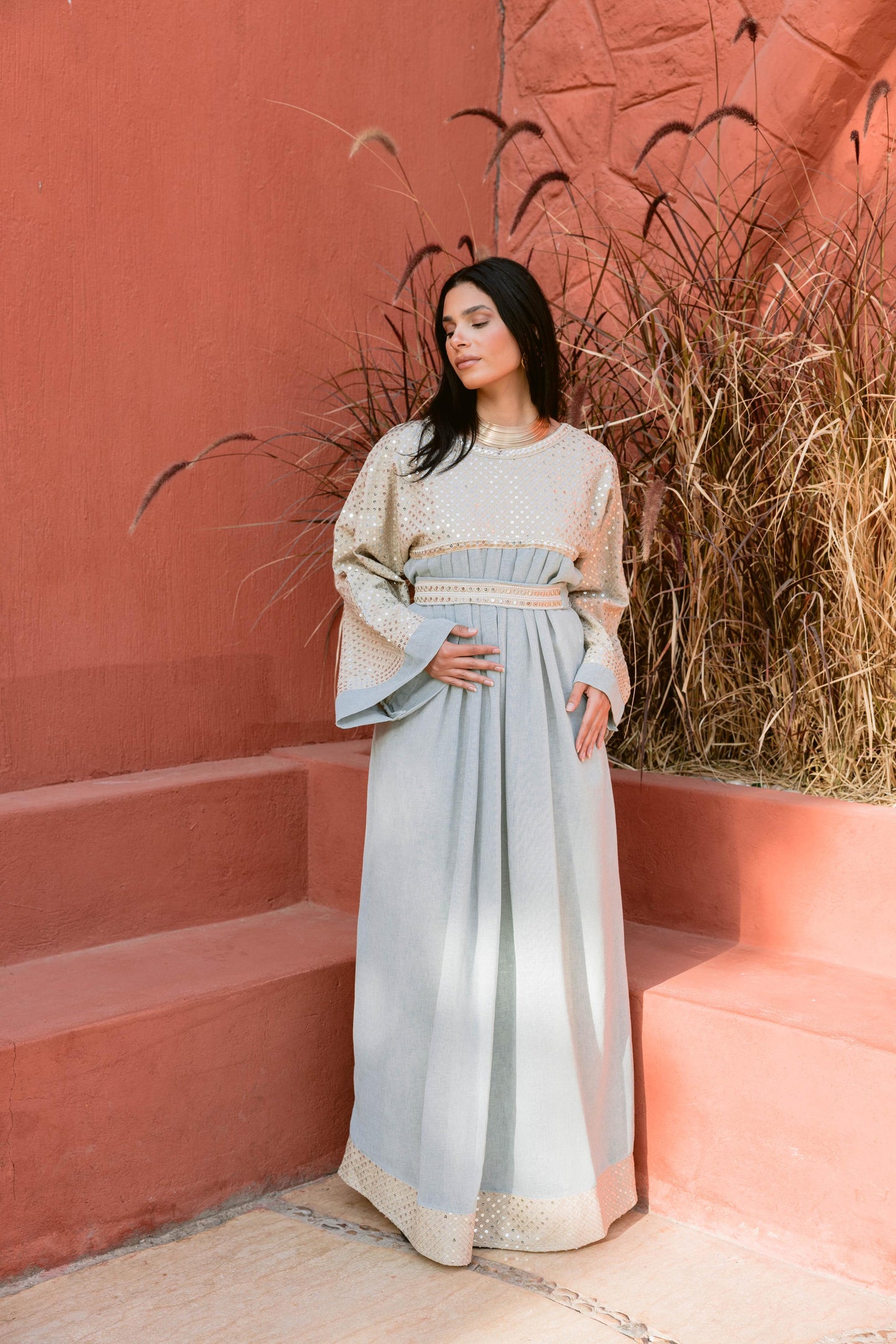 2 Pieces Delicate Handcrafted Embroidered Dress with Flowing Sleeves-mint