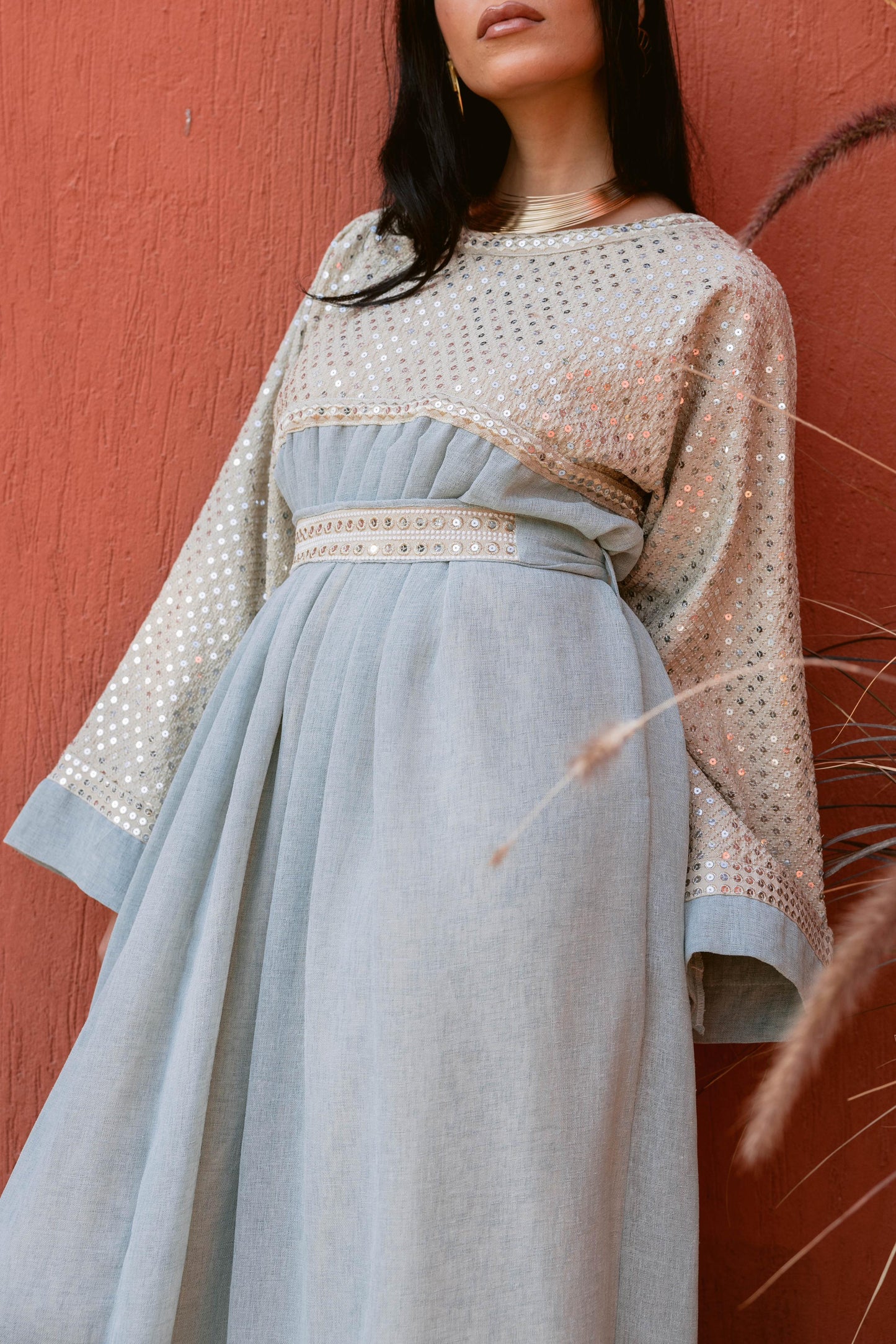 2 Pieces Delicate Handcrafted Embroidered Dress with Flowing Sleeves-mint
