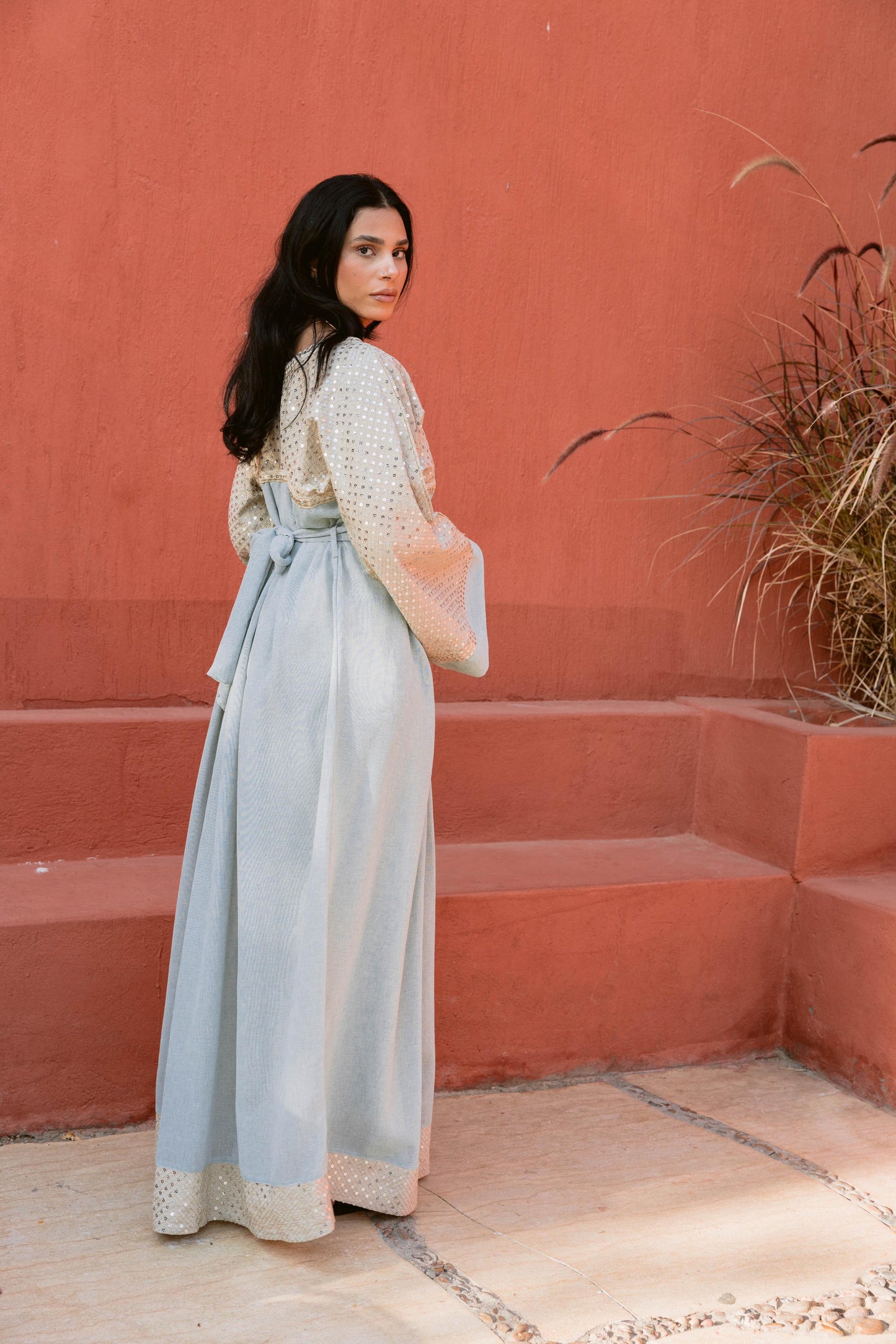 2 Pieces Delicate Handcrafted Embroidered Dress with Flowing Sleeves-mint