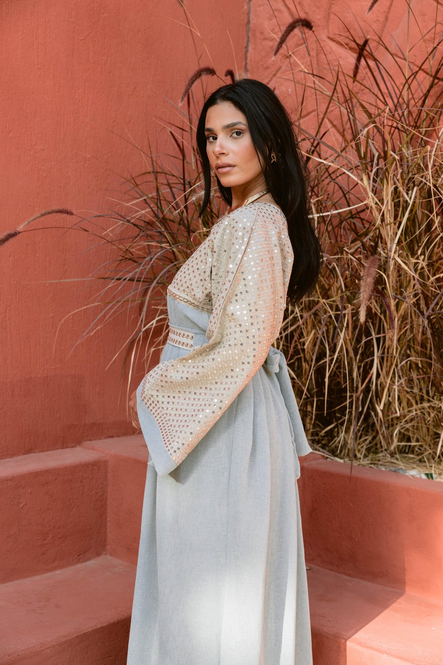 2 Pieces Delicate Handcrafted Embroidered Dress with Flowing Sleeves-mint