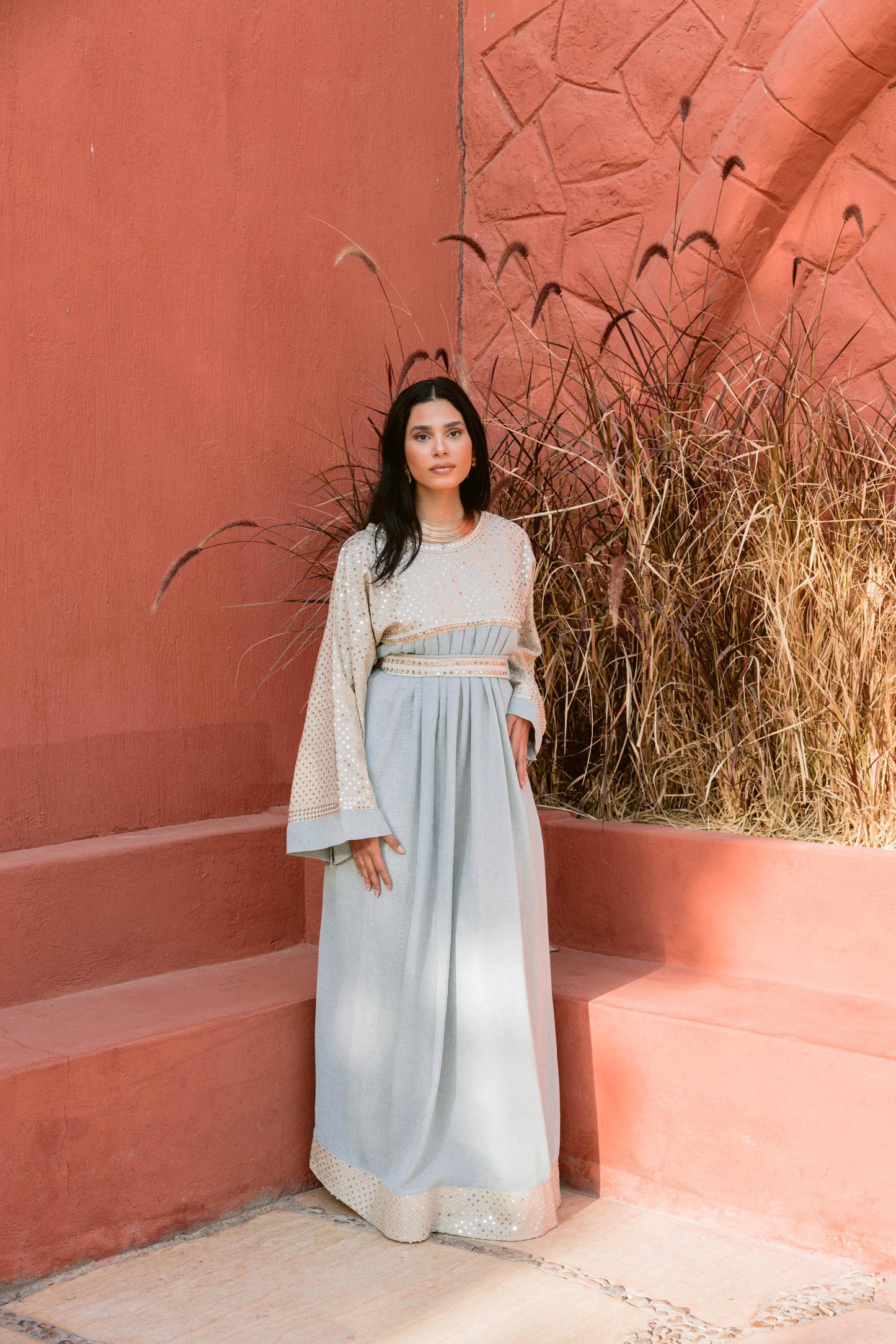 2 Pieces Delicate Handcrafted Embroidered Dress with Flowing Sleeves-mint