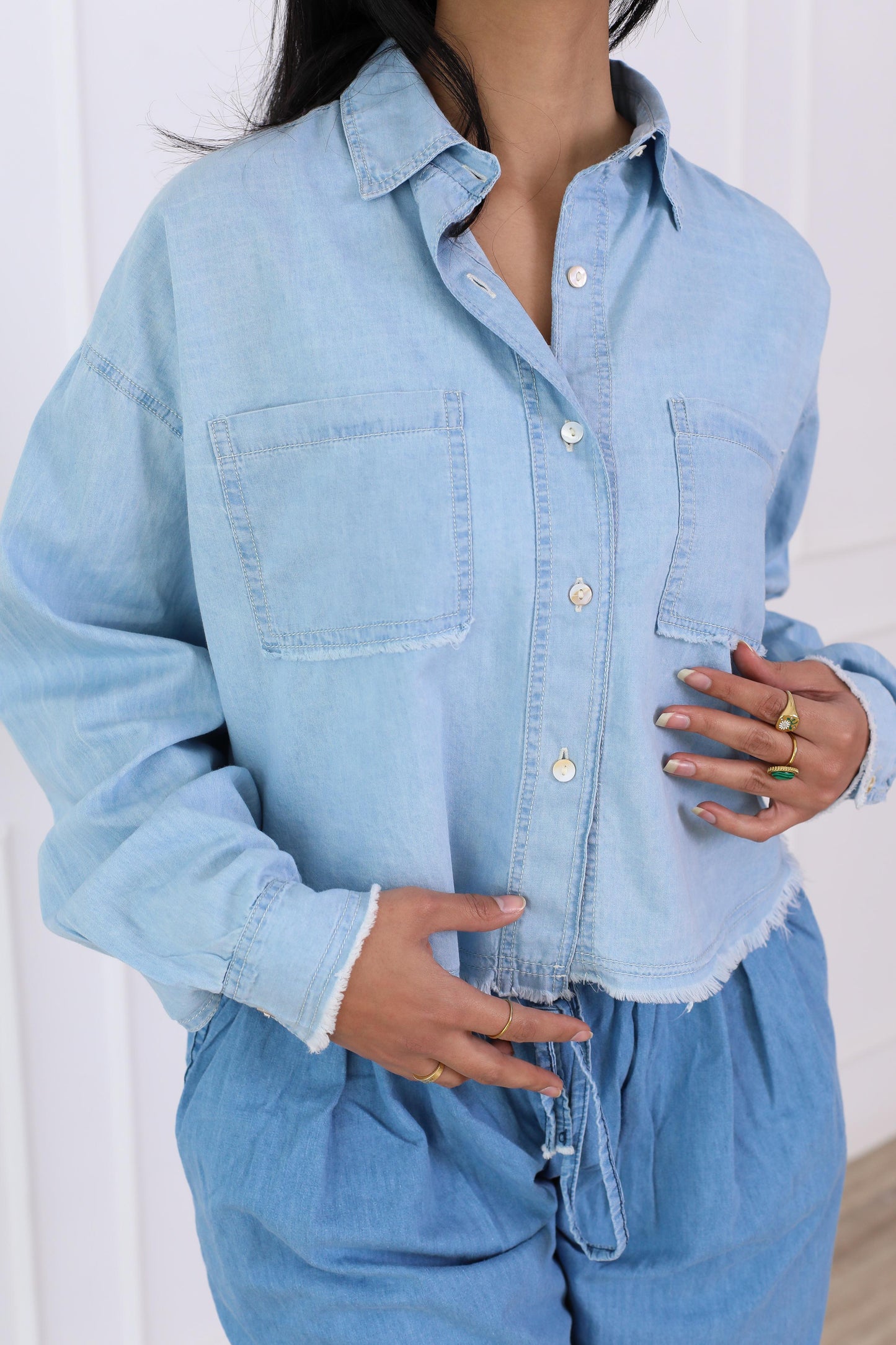 Oversized highlow denim jacket-babyblue