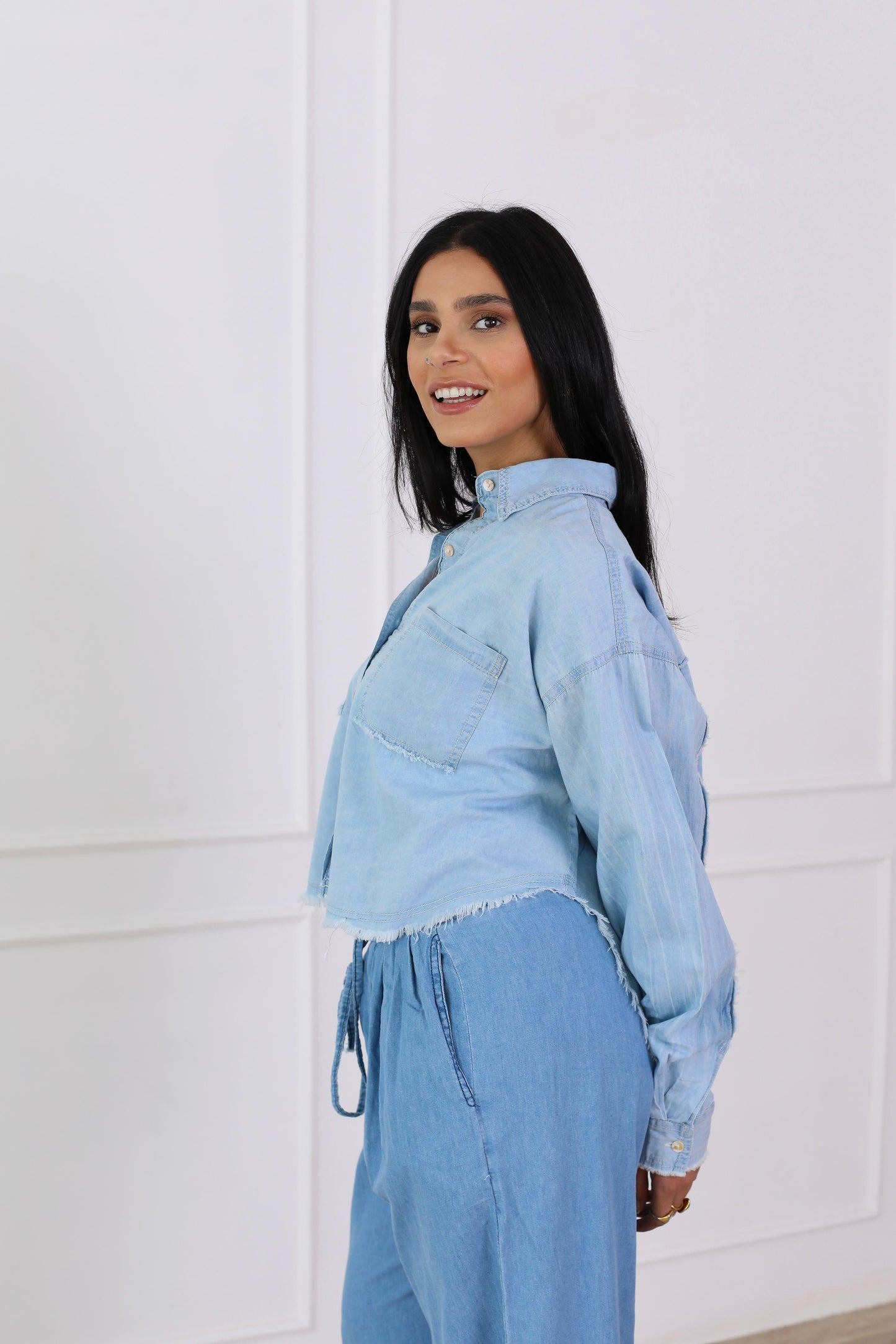 Oversized highlow denim jacket-babyblue