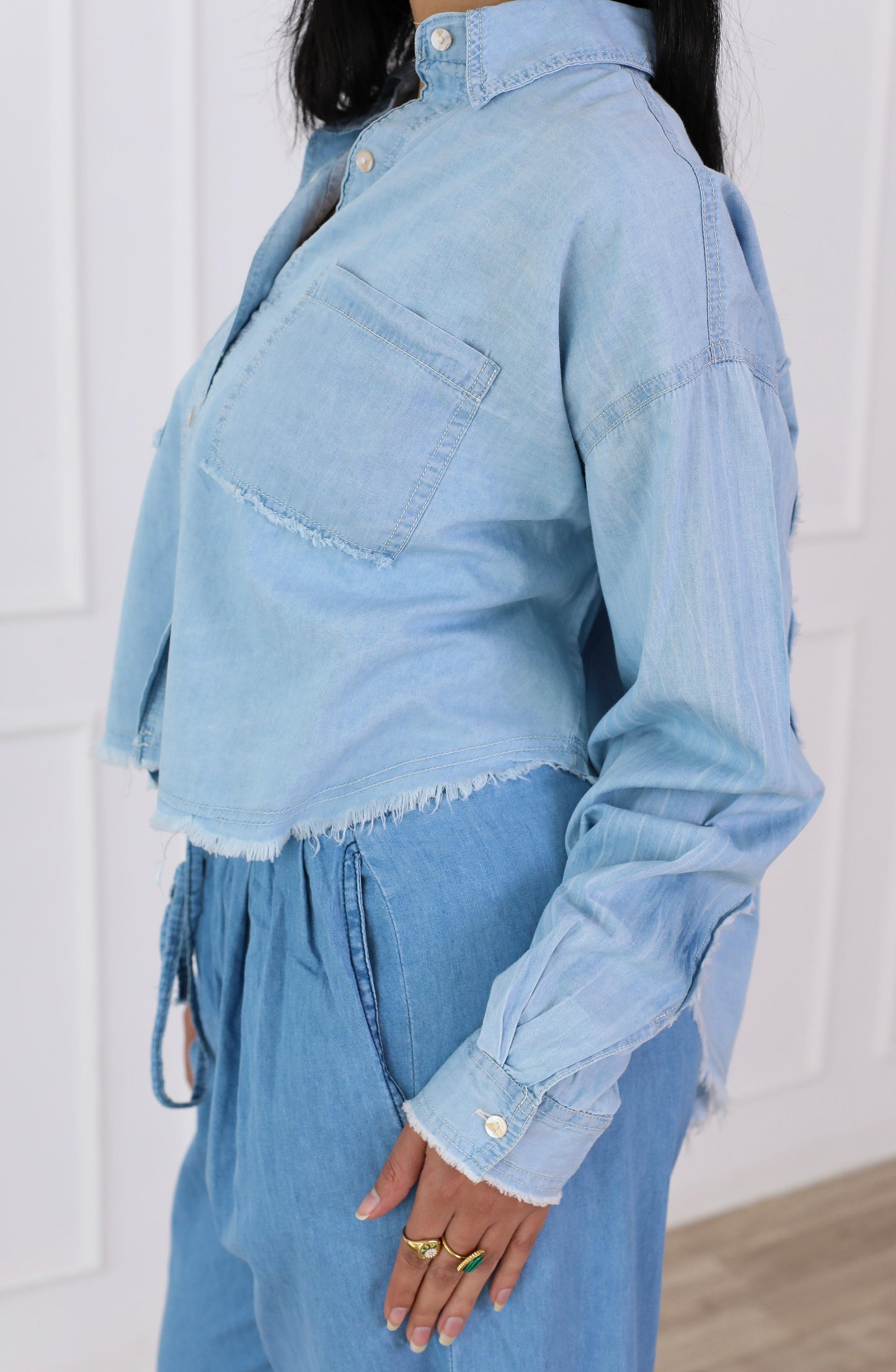 Oversized highlow denim jacket-babyblue