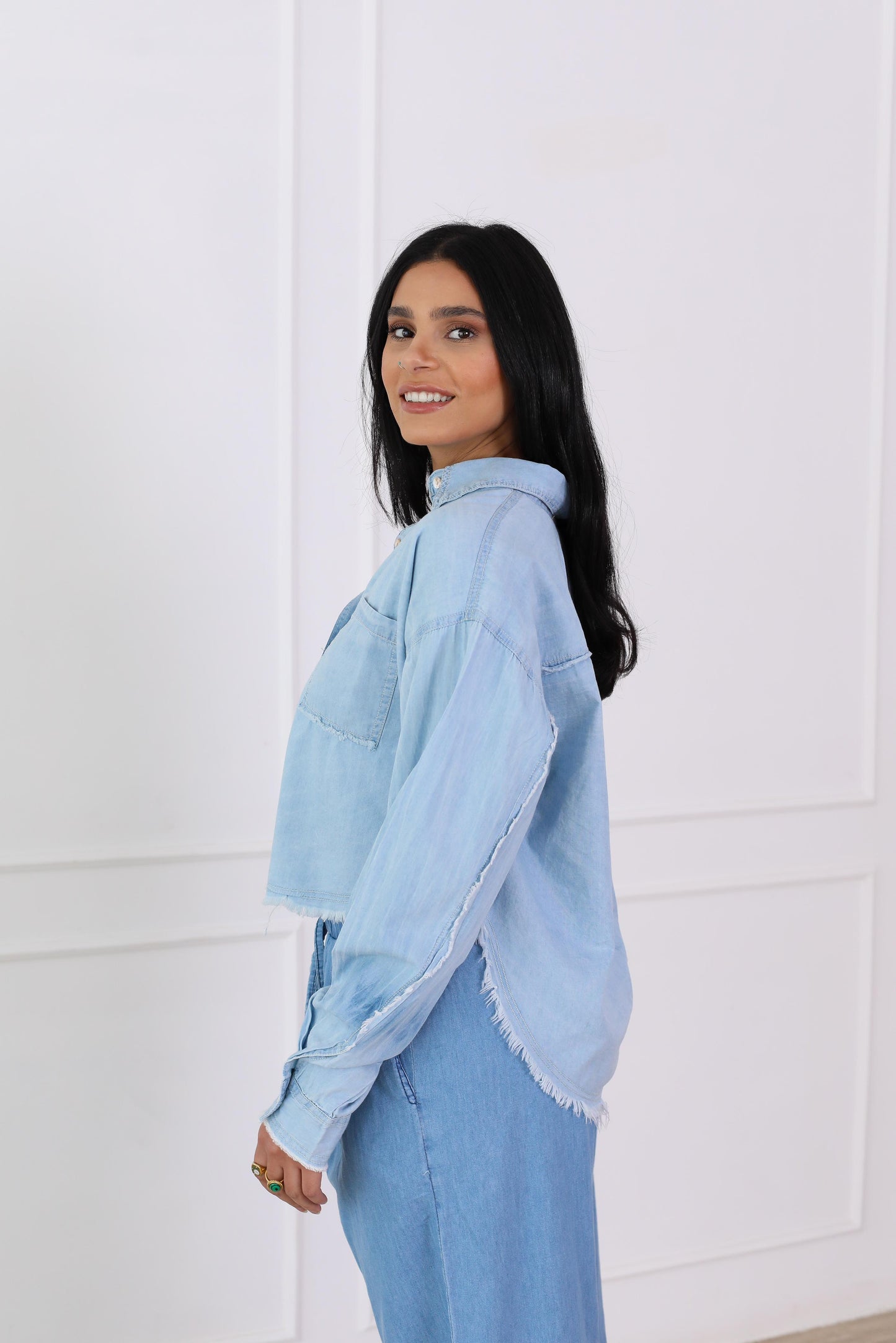 Oversized highlow denim jacket-babyblue