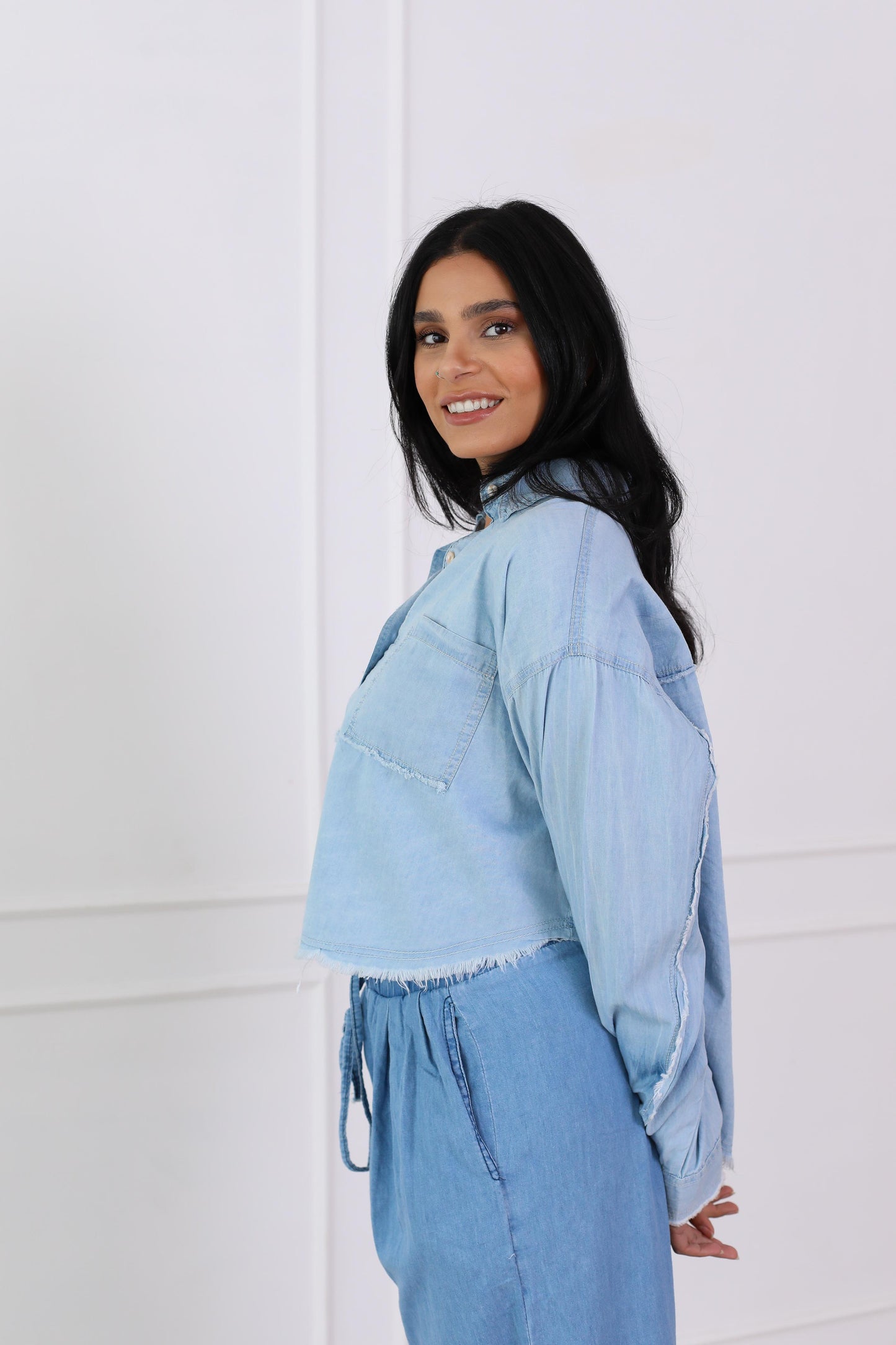 Oversized highlow denim jacket-babyblue
