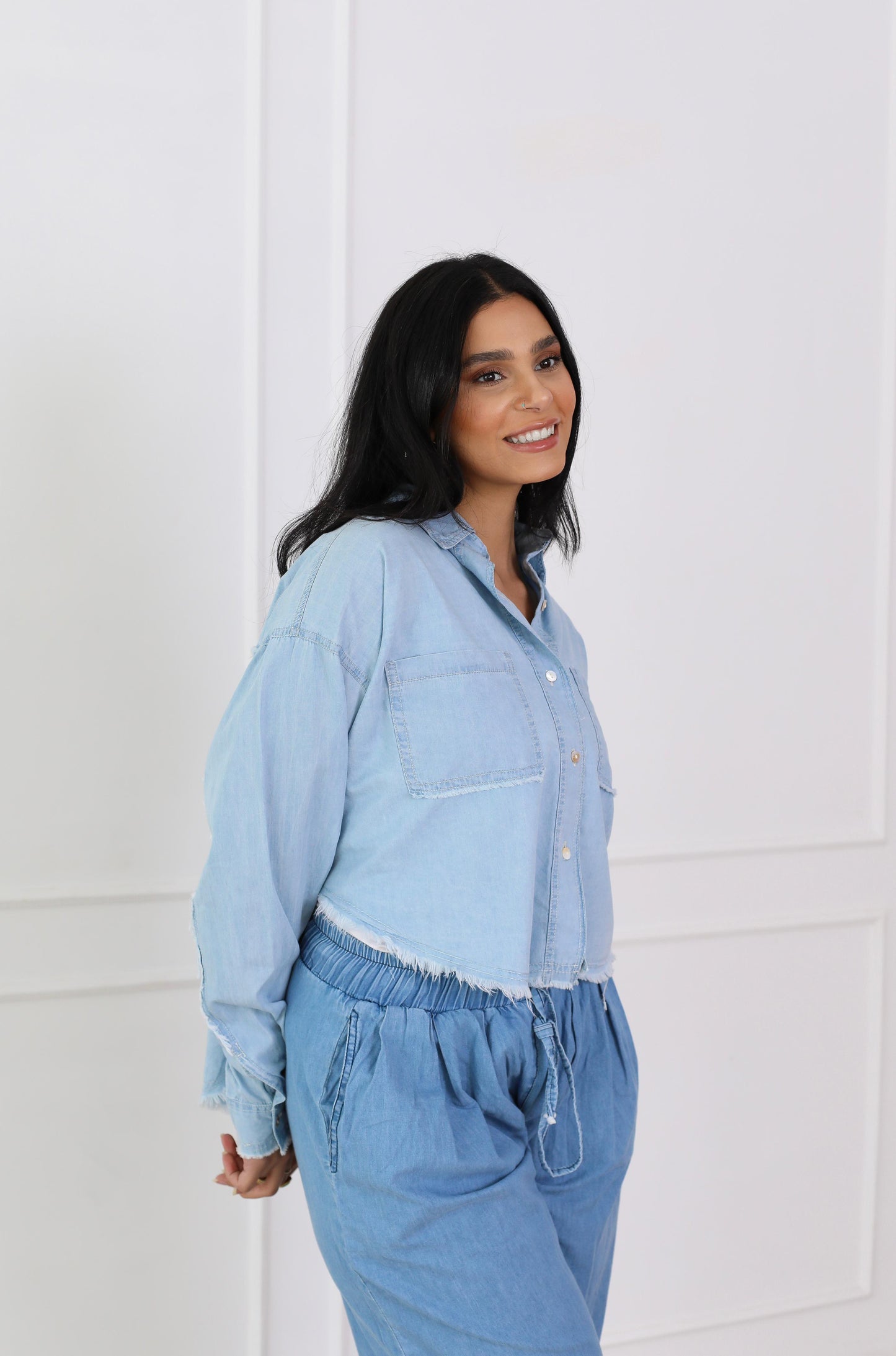 Oversized highlow denim jacket-babyblue