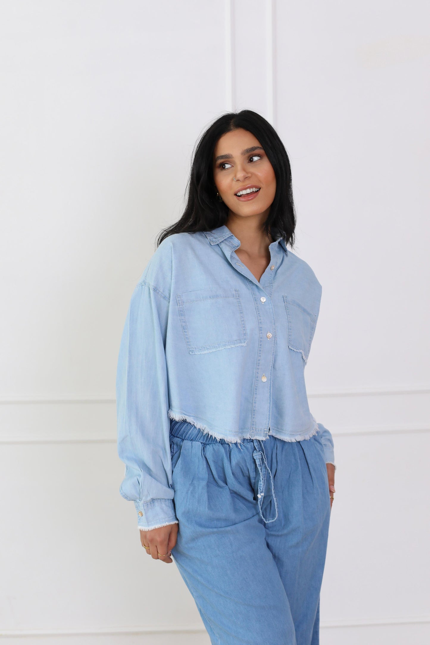Oversized highlow denim jacket-babyblue