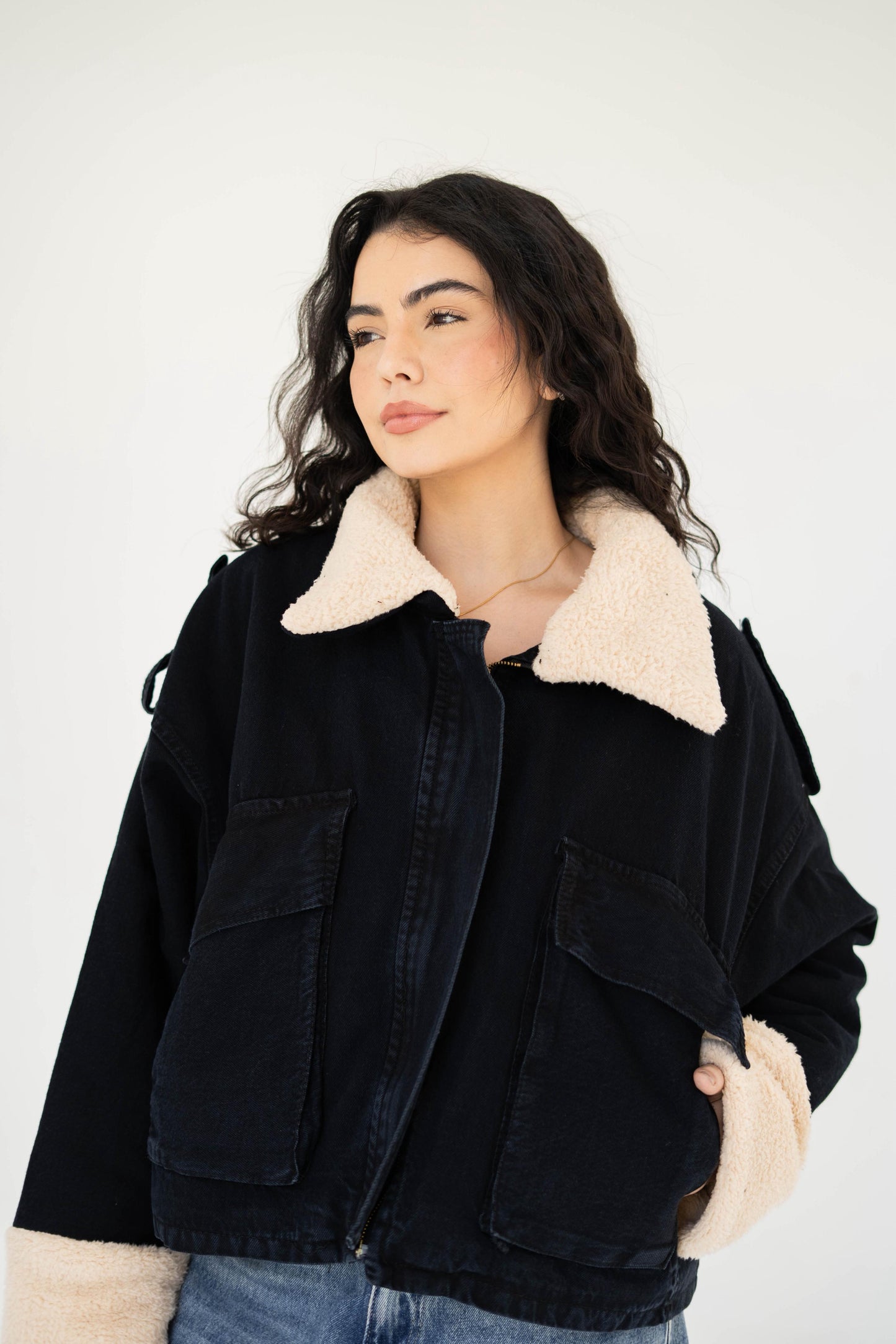 Oversized denim fur jacket- black Fur Biege