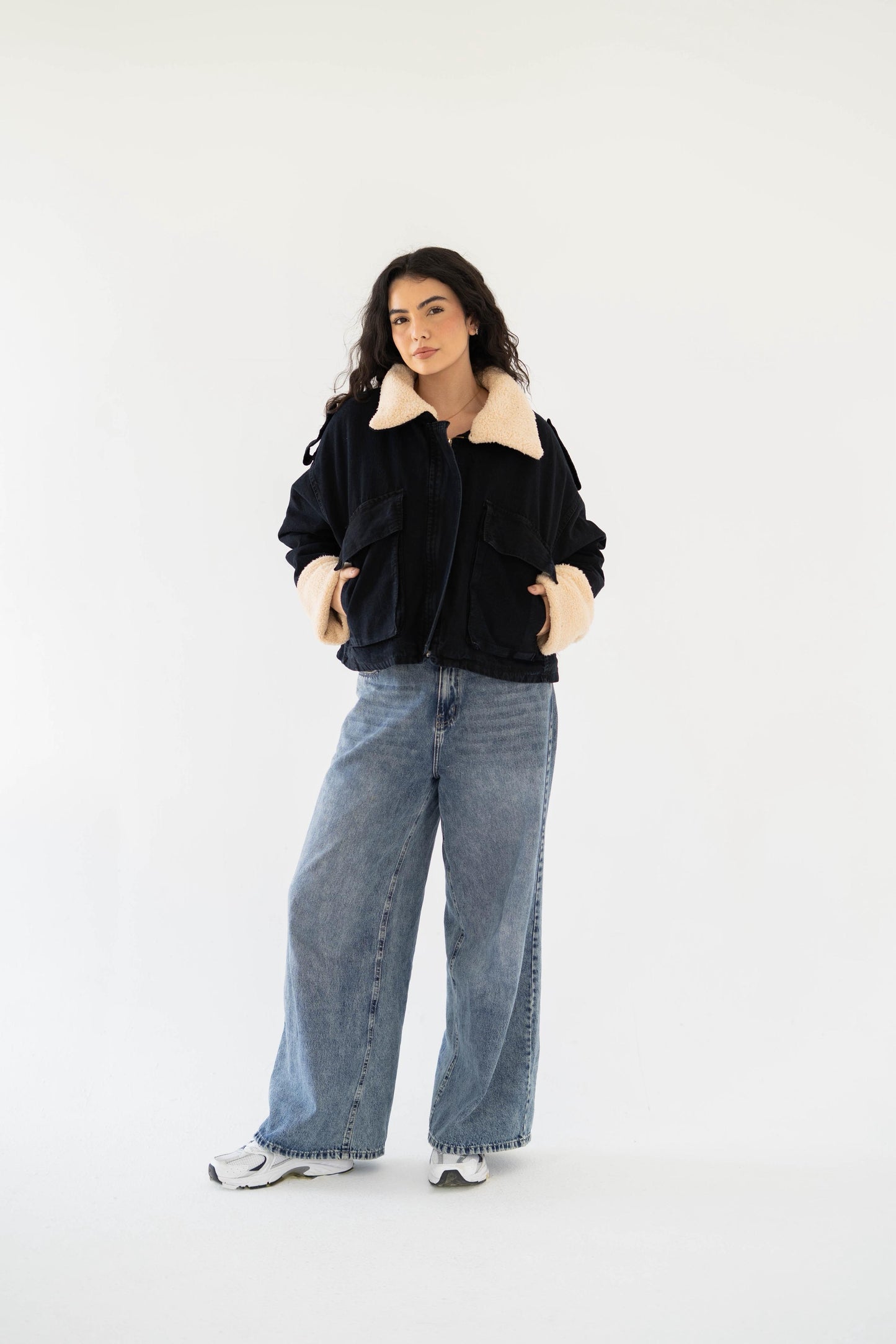 Oversized denim fur jacket- black Fur Biege