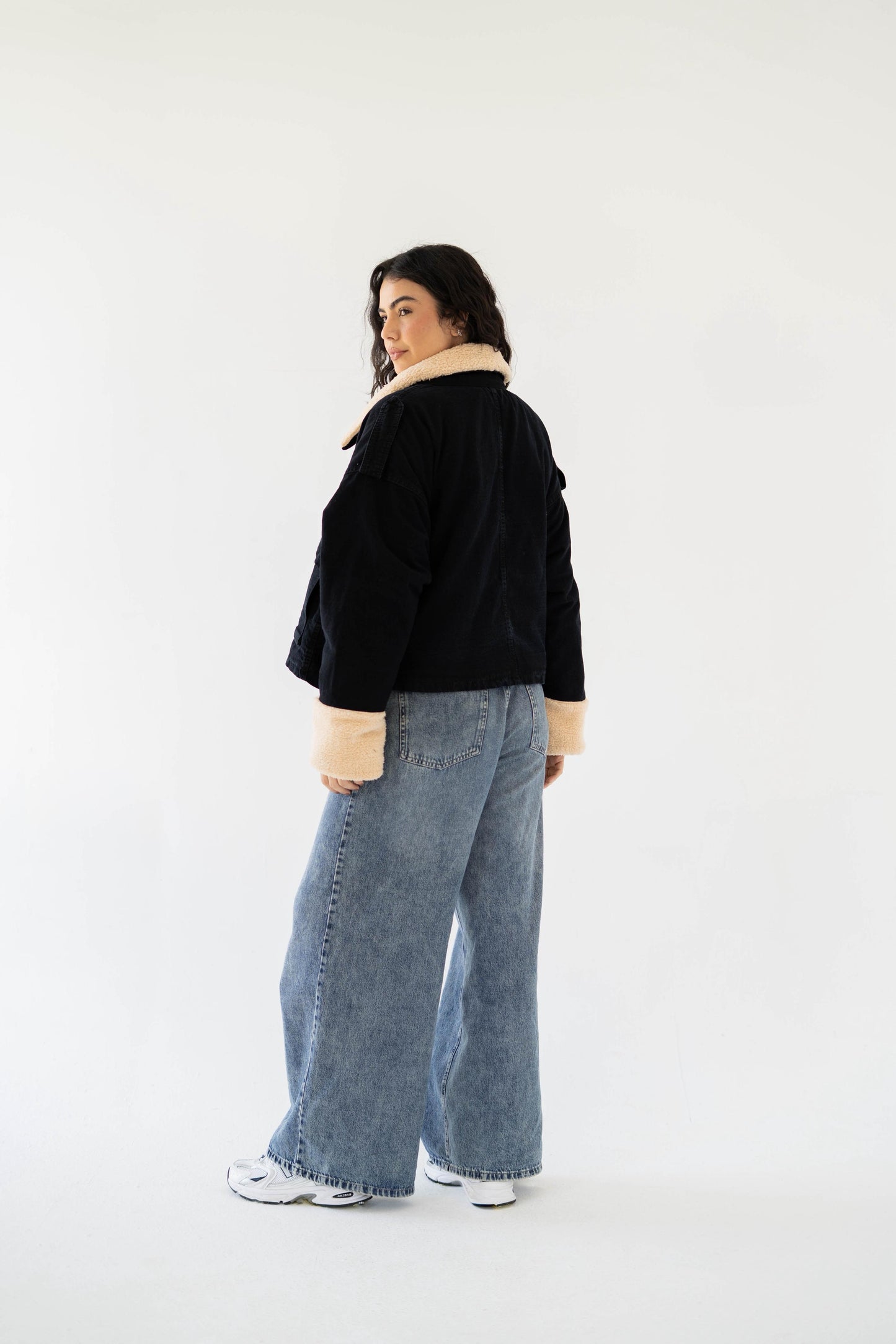 Oversized denim fur jacket- black Fur Biege