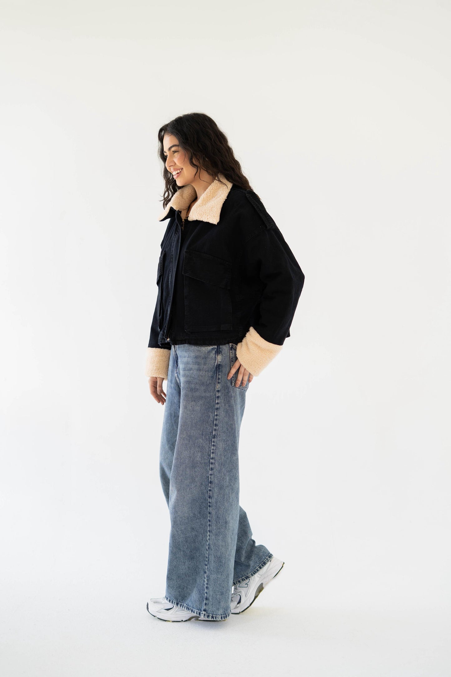 Oversized denim fur jacket- black Fur Biege