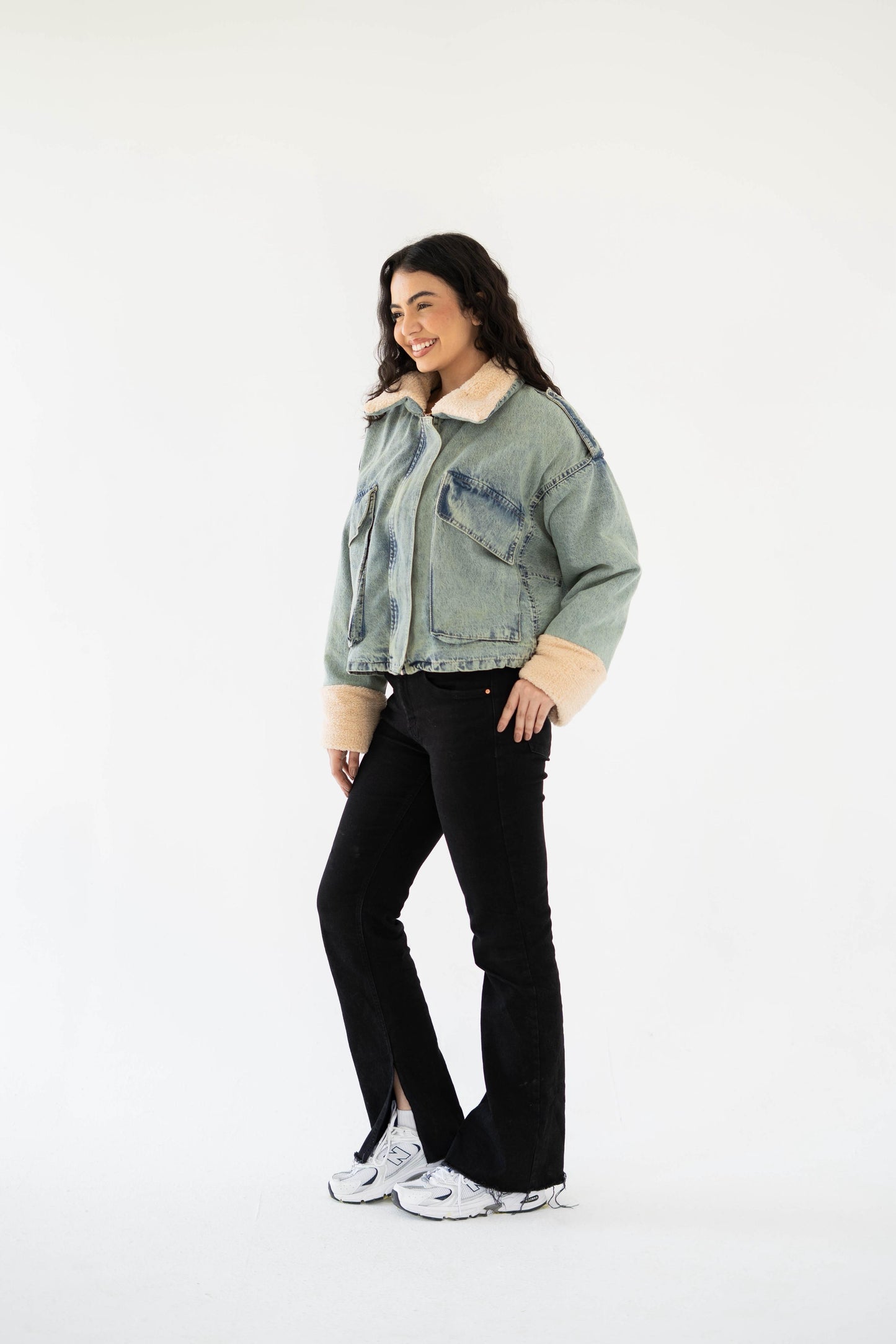 Oversized denim fur jacket- Dirty Fur Biege