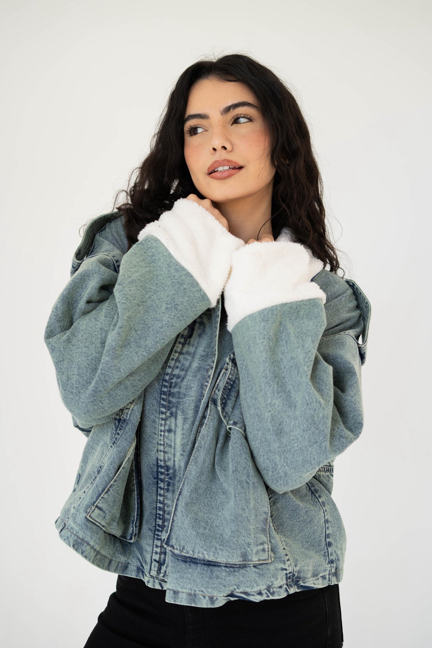 Oversized denim fur jacket- Dirty Fur White