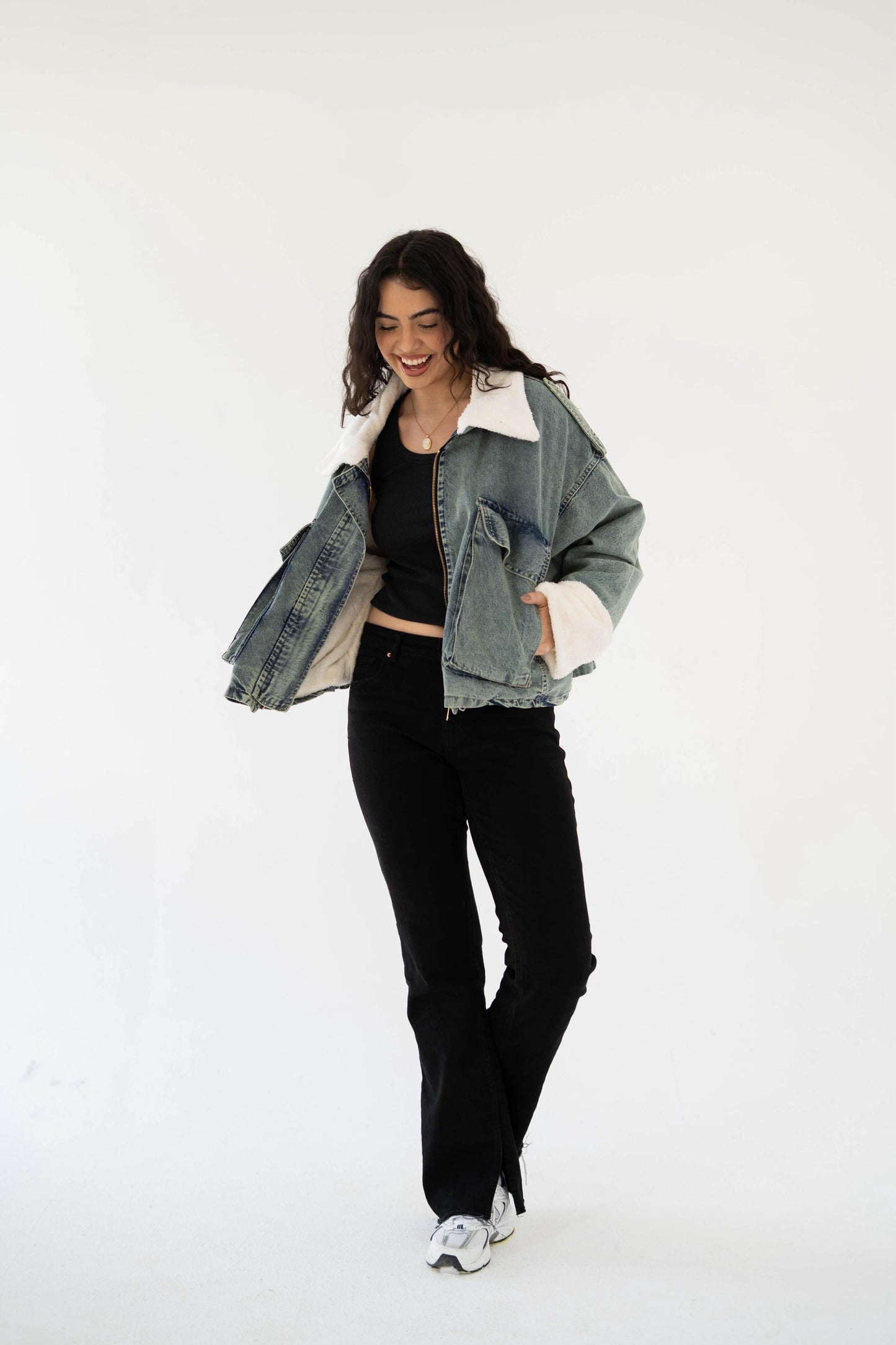 Oversized denim fur jacket- Dirty Fur White