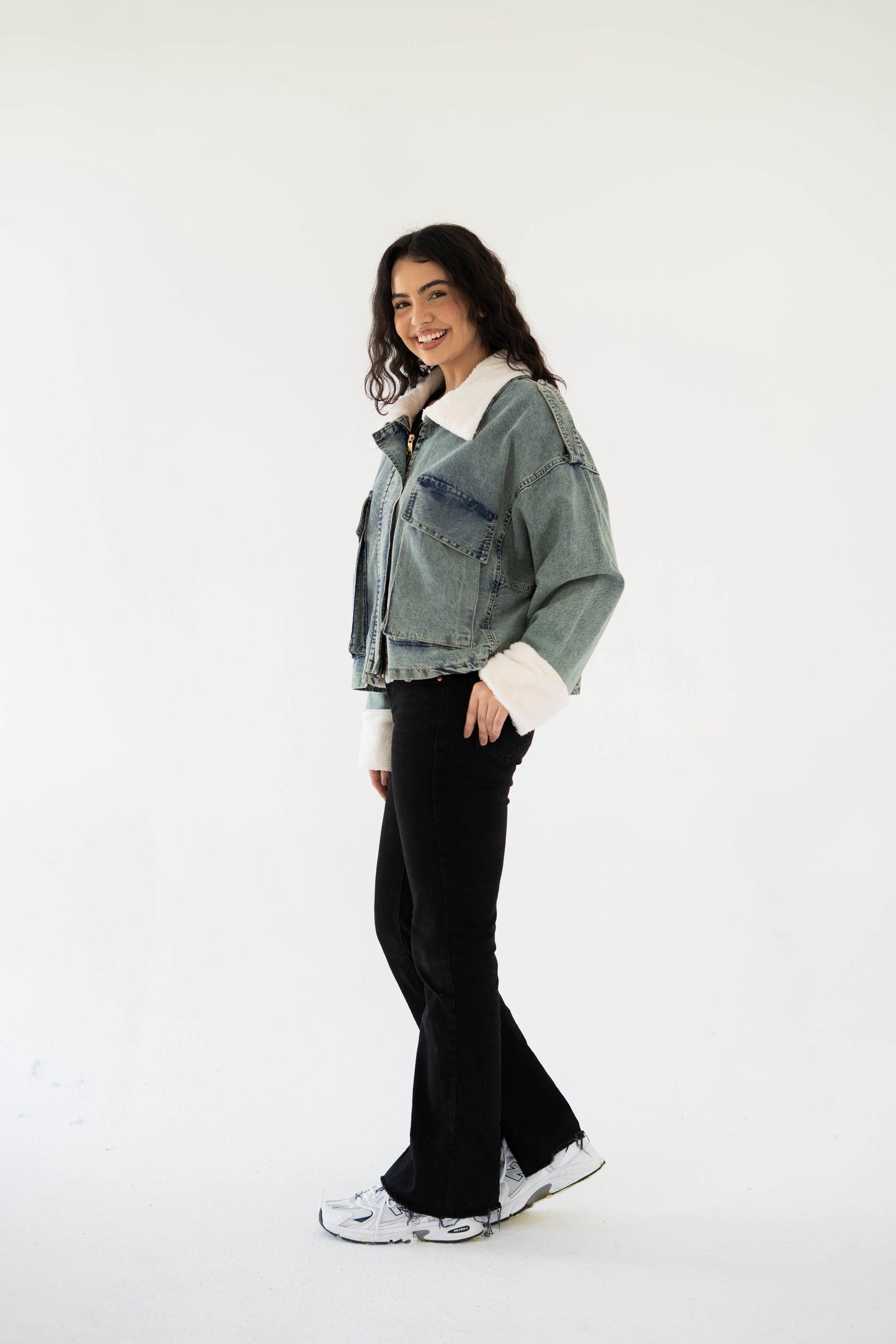 Oversized denim fur jacket- Dirty Fur White