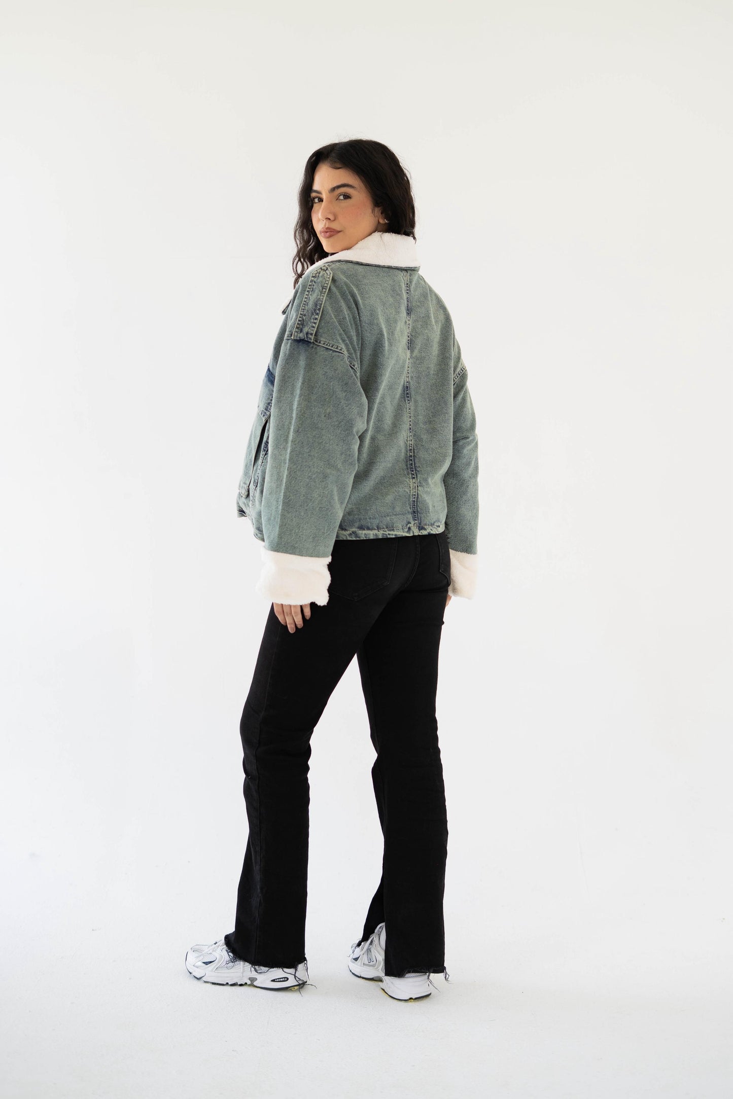 Oversized denim fur jacket- Dirty Fur White