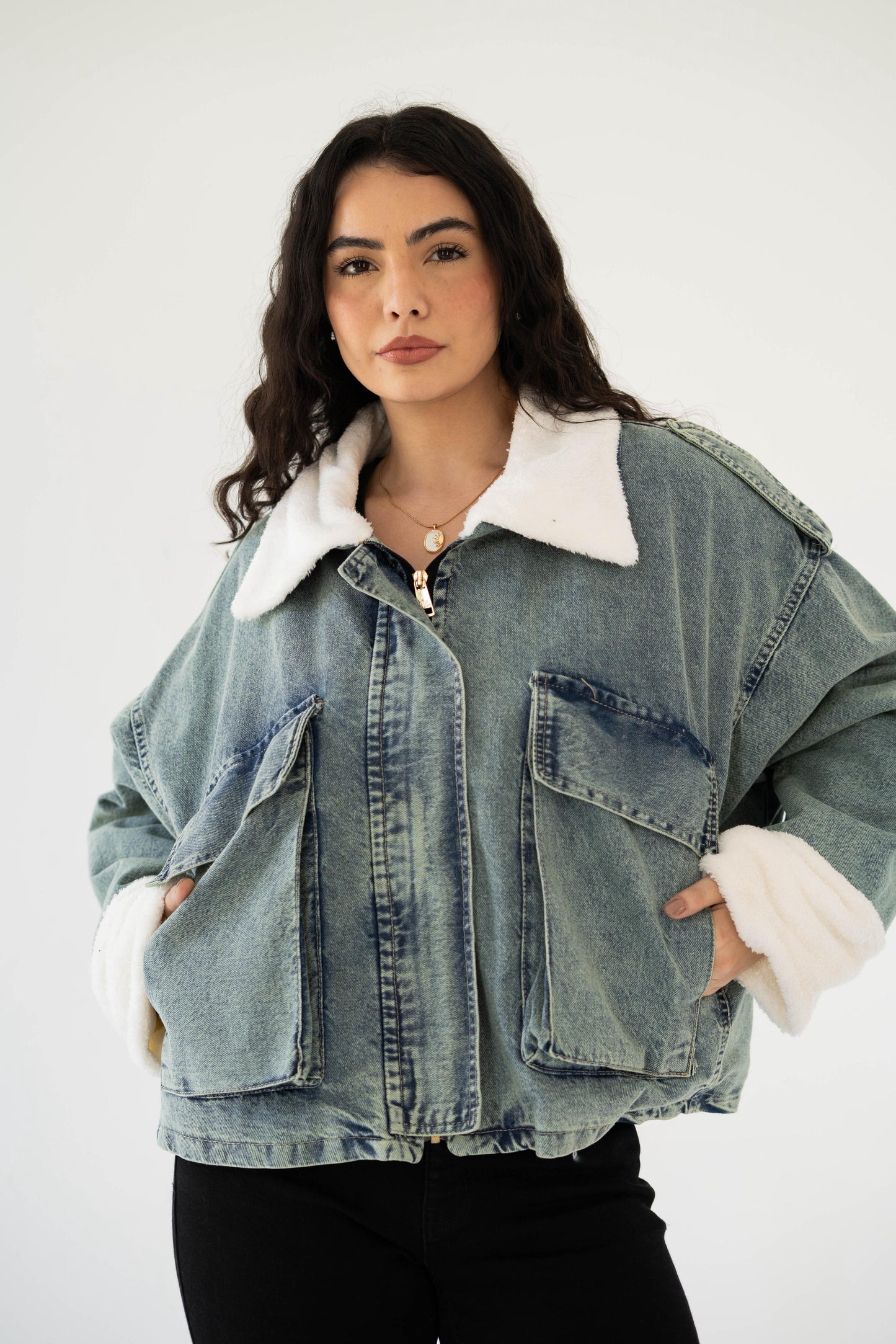 Oversized denim fur jacket- Dirty Fur White