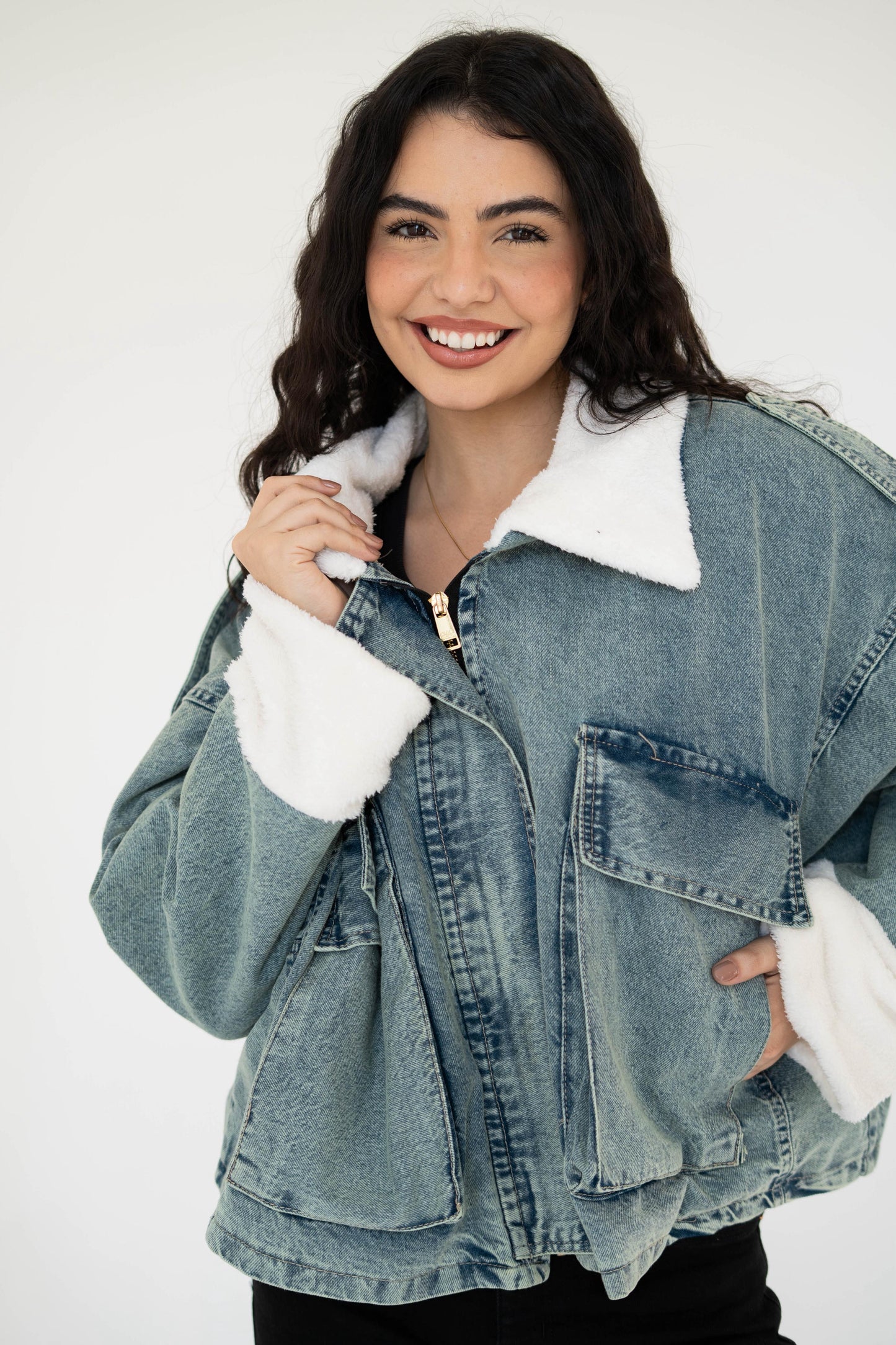 Oversized denim fur jacket- Dirty Fur White