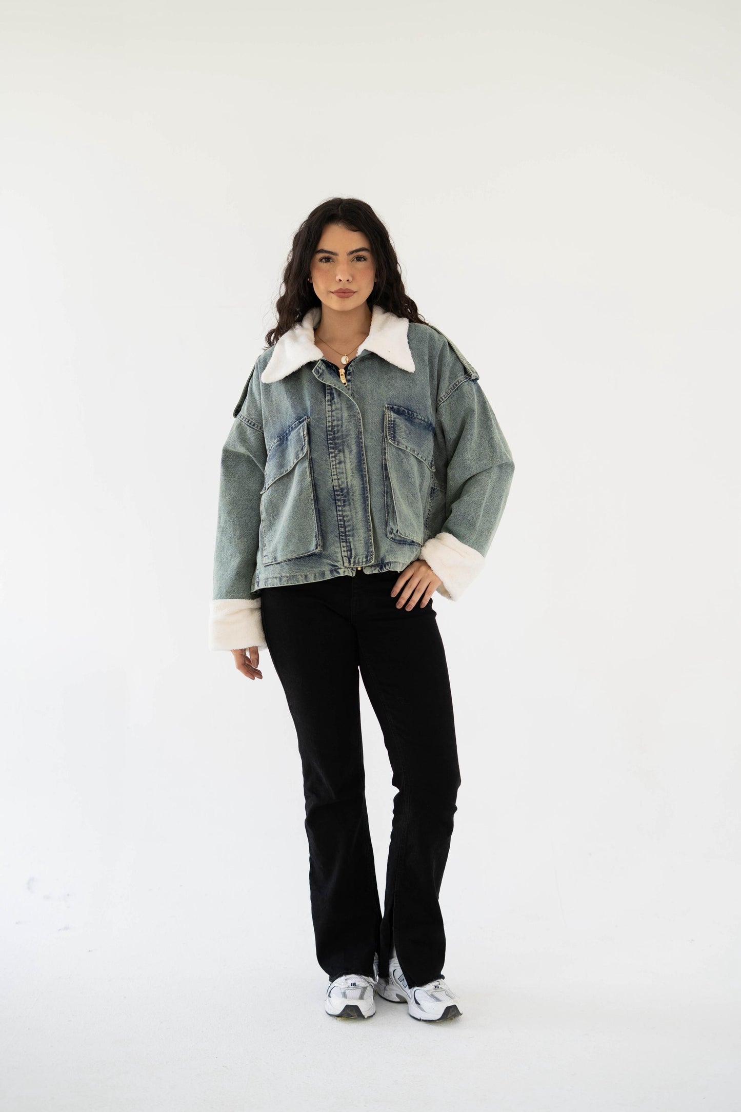 Oversized denim fur jacket- Dirty Fur White