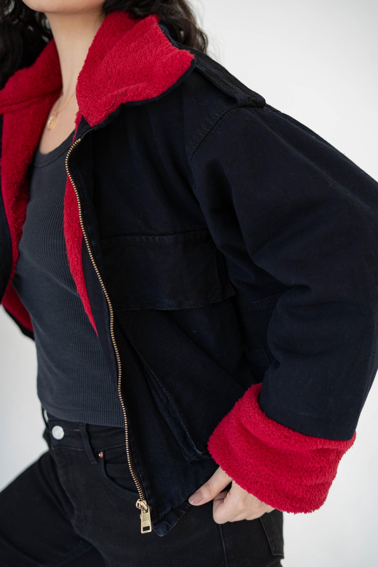 Oversized denim fur jacket- black Fur Maroon