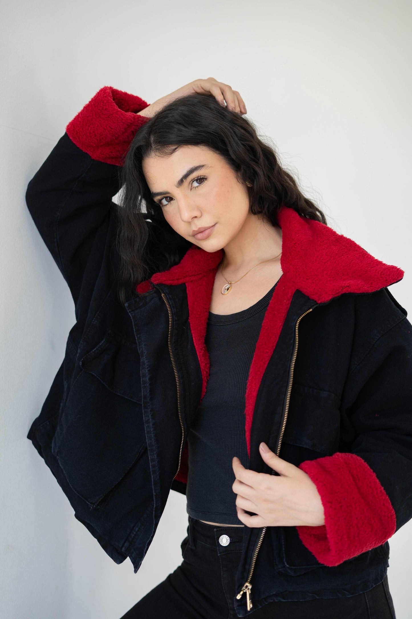 Oversized denim fur jacket- black Fur Maroon