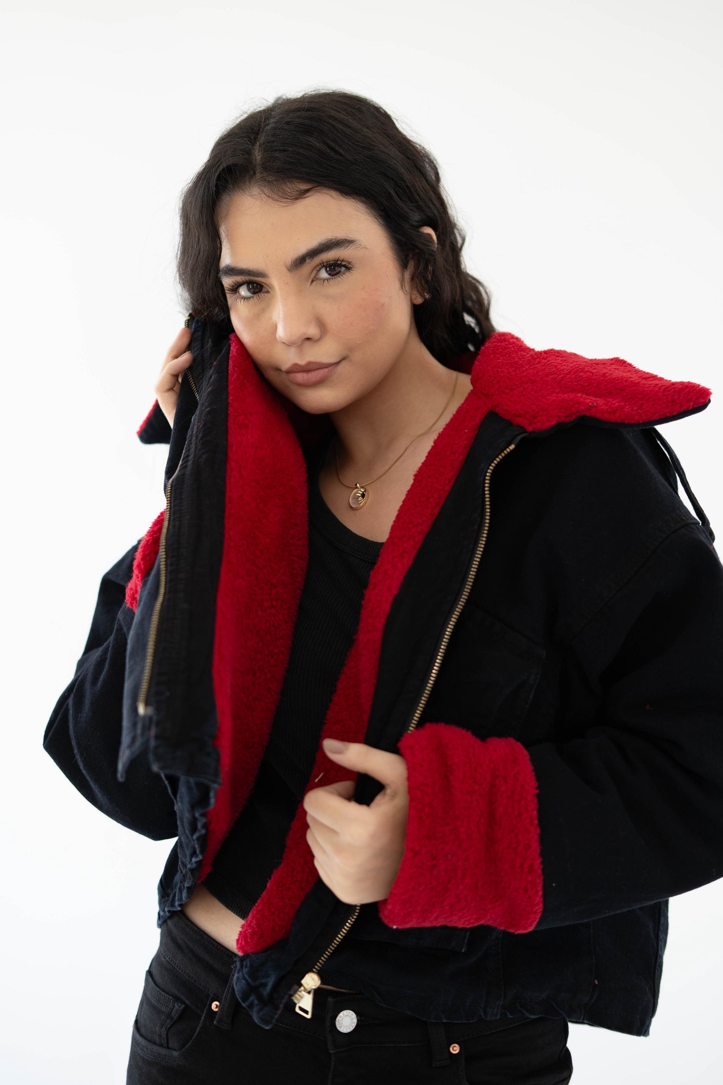 Oversized denim fur jacket- black Fur Maroon