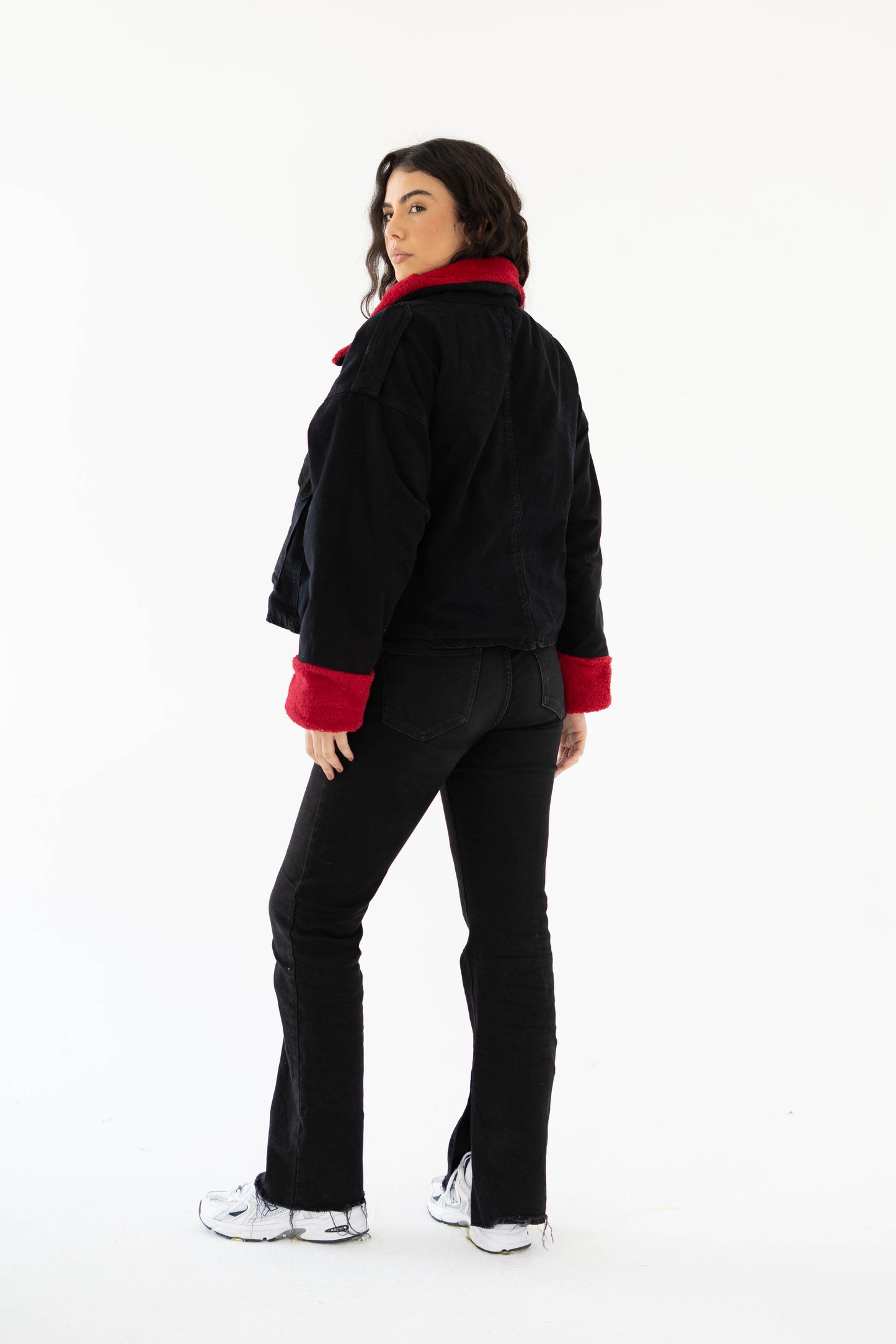 Oversized denim fur jacket- black Fur Maroon