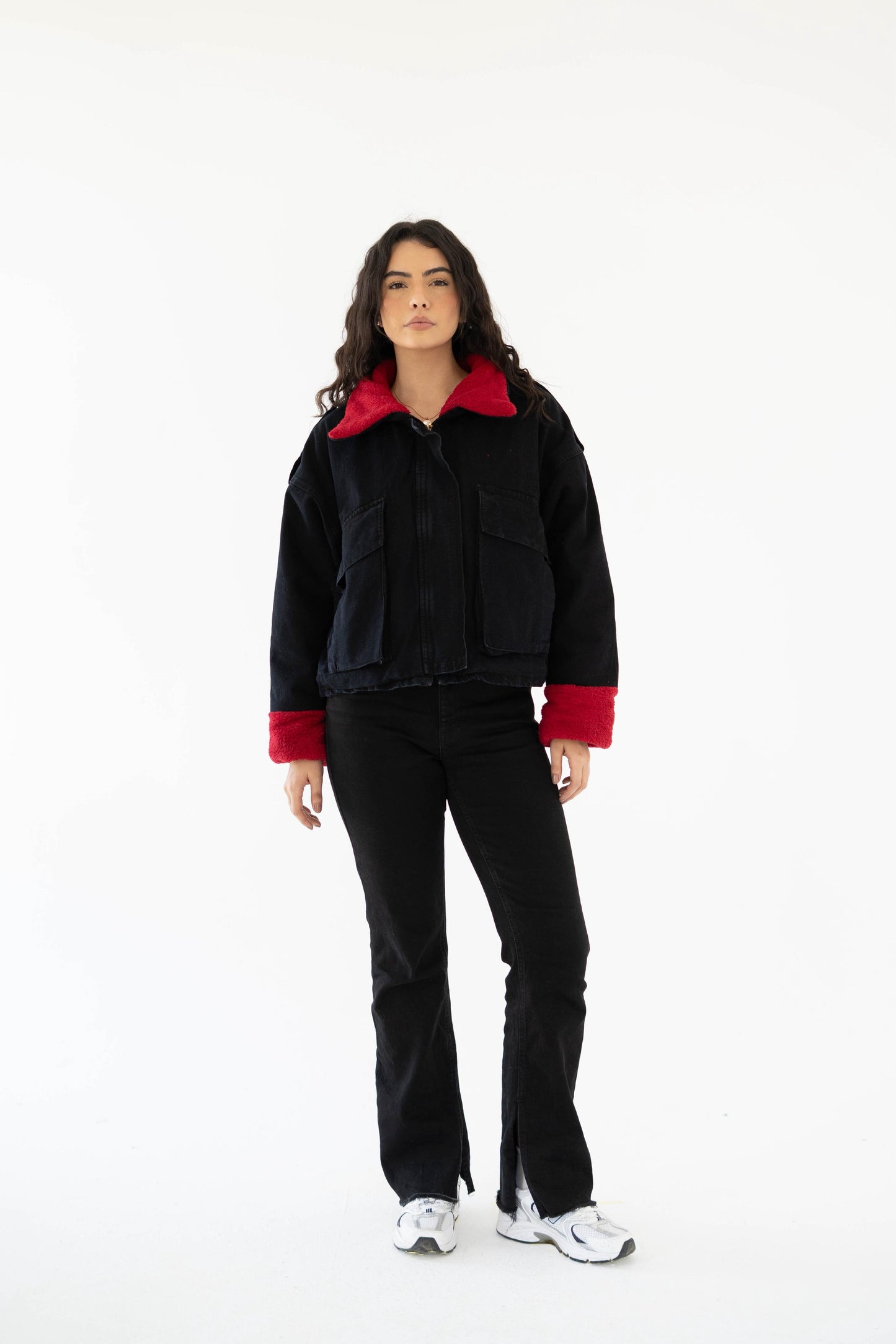 Oversized denim fur jacket- black Fur Maroon