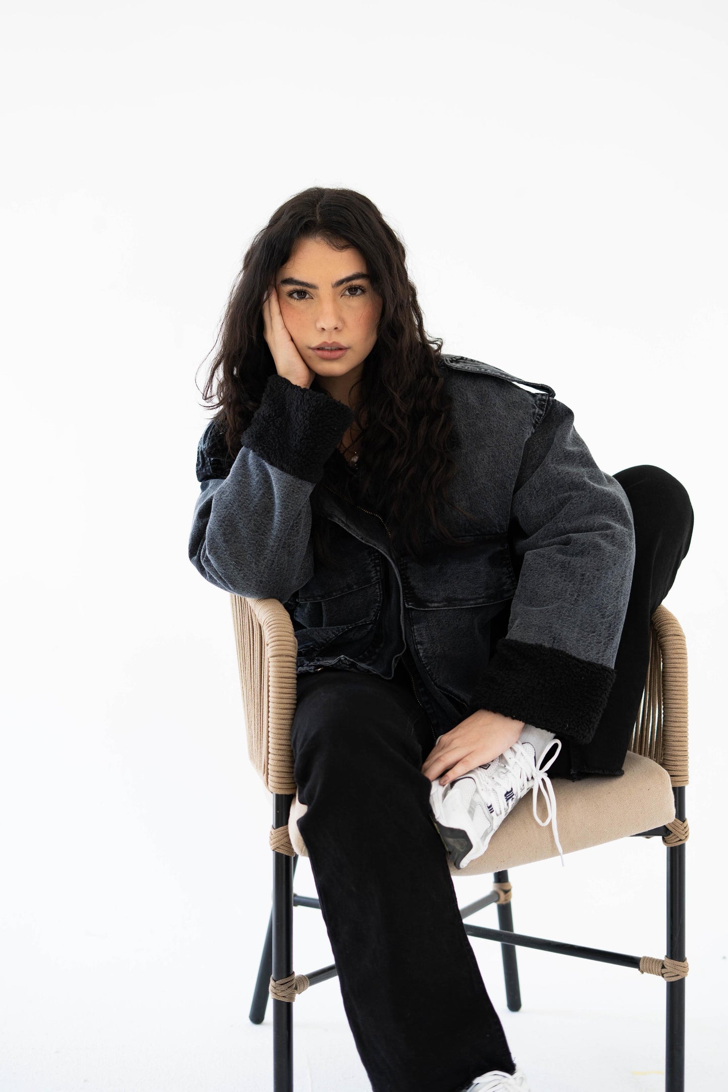 Oversized denim fur jacket- Grey Fur Black