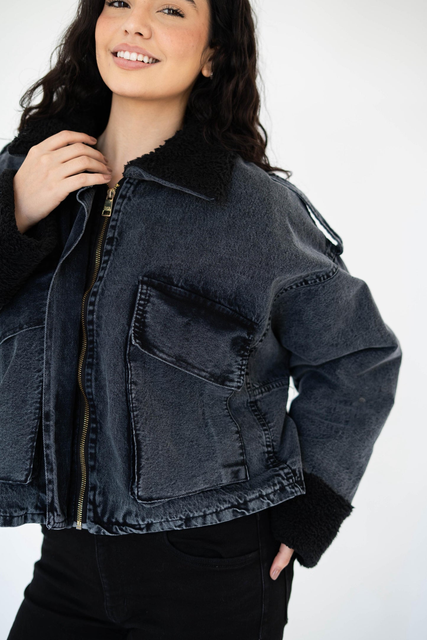 Oversized denim fur jacket- Grey Fur Black
