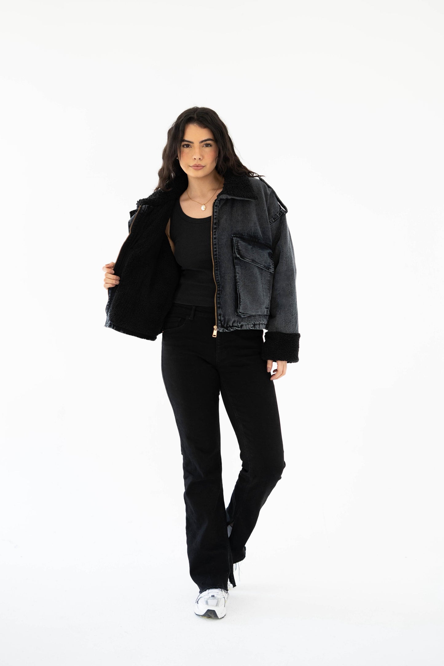 Oversized denim fur jacket- Grey Fur Black