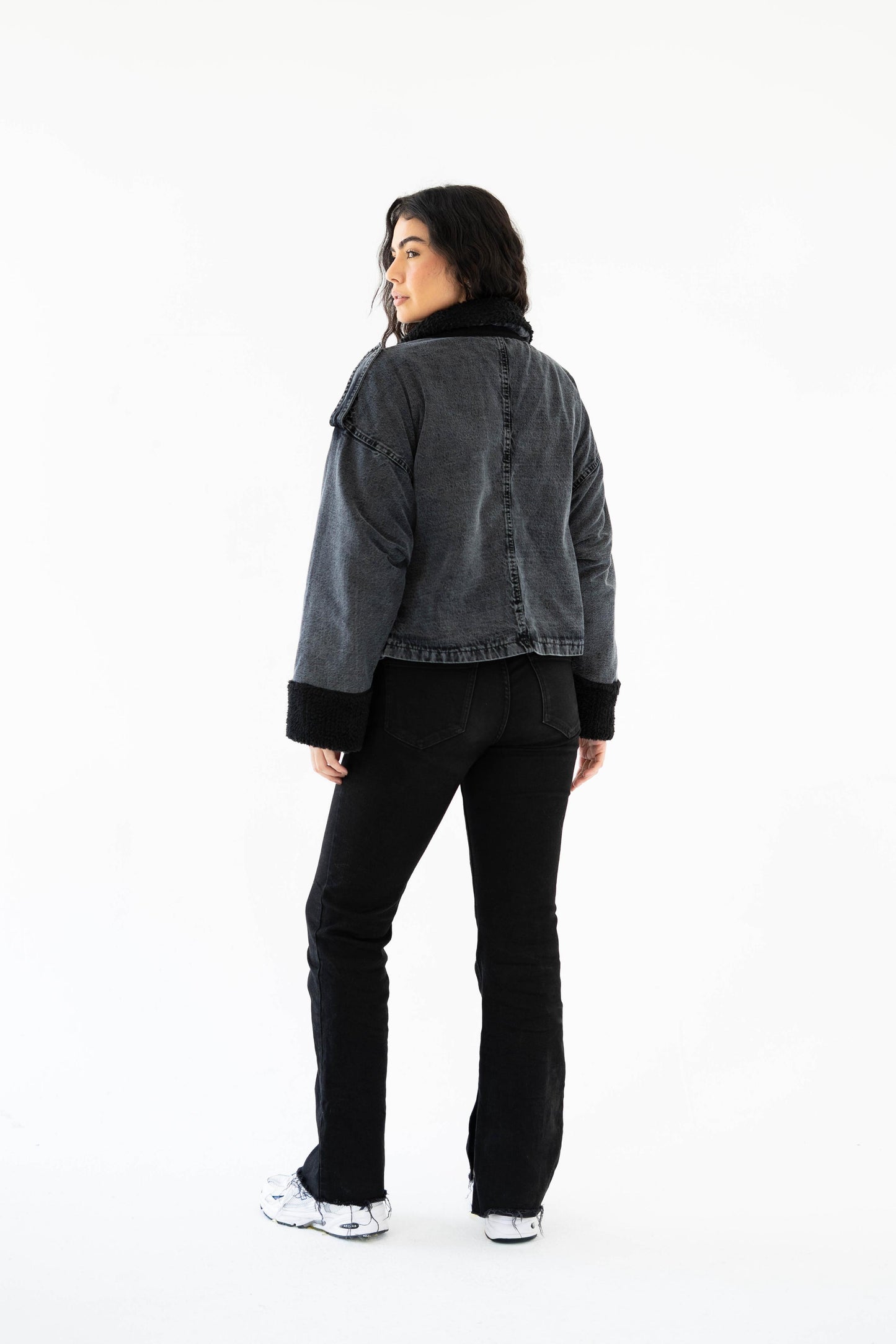 Oversized denim fur jacket- Grey Fur Black