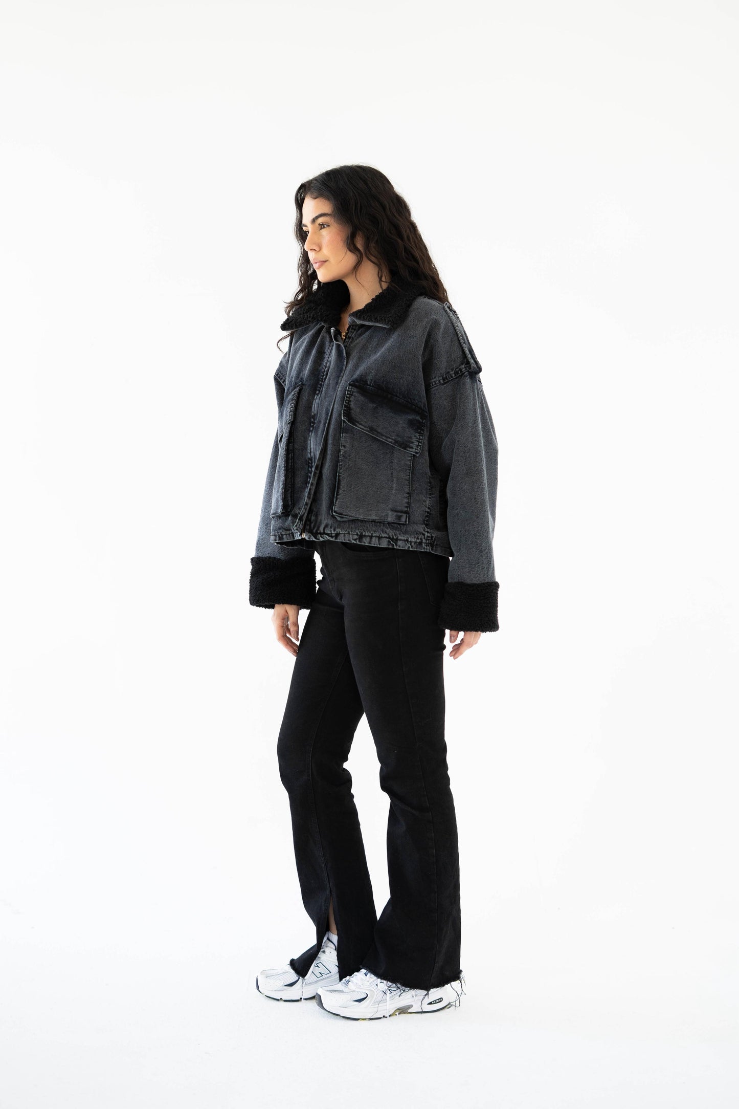 Oversized denim fur jacket- Grey Fur Black