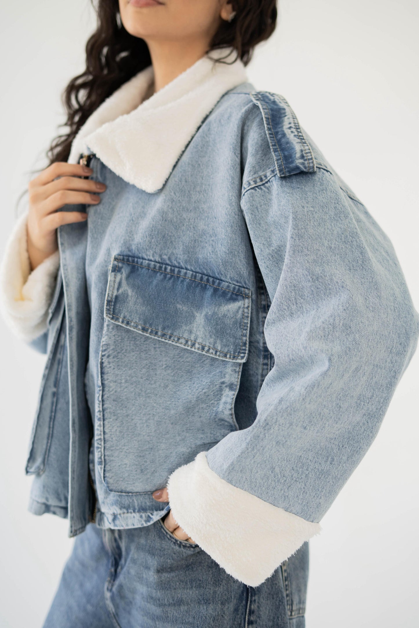 Oversized denim fur jacket- Blue Fur White