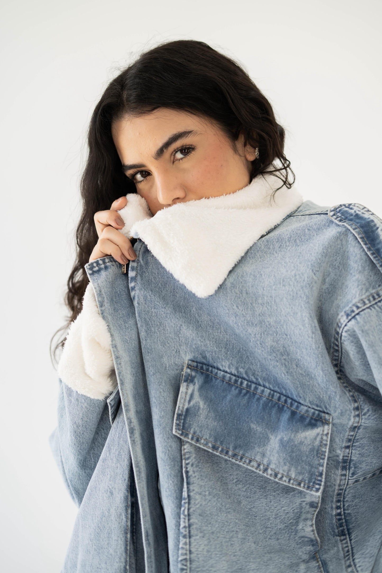 Oversized denim fur jacket- Blue Fur White