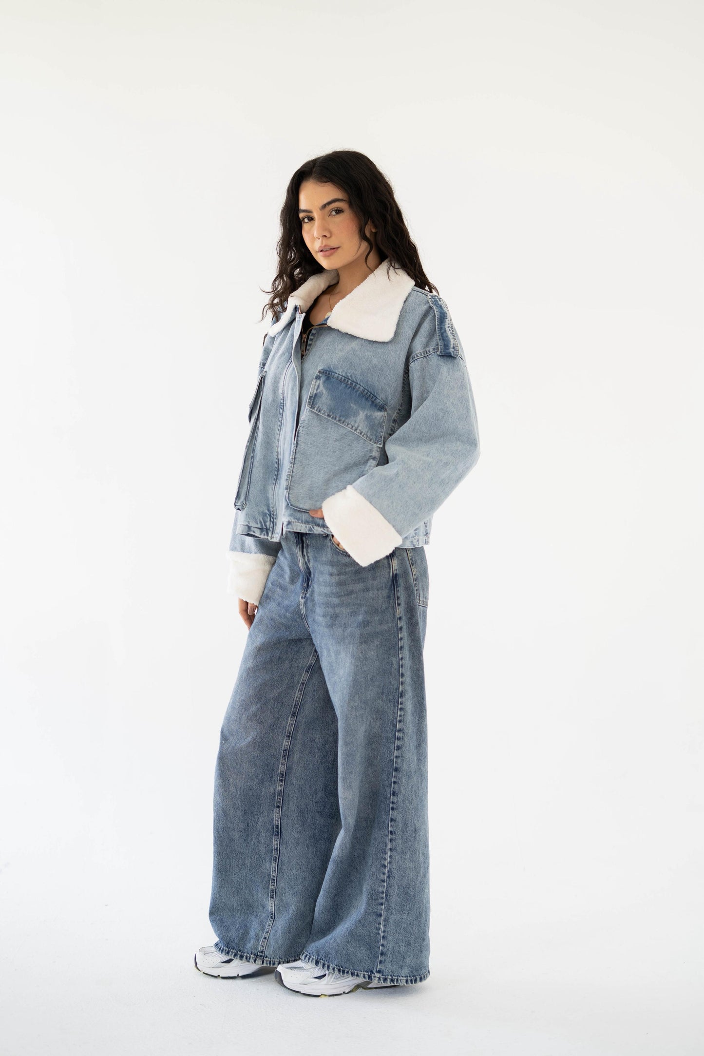 Oversized denim fur jacket- Blue Fur White