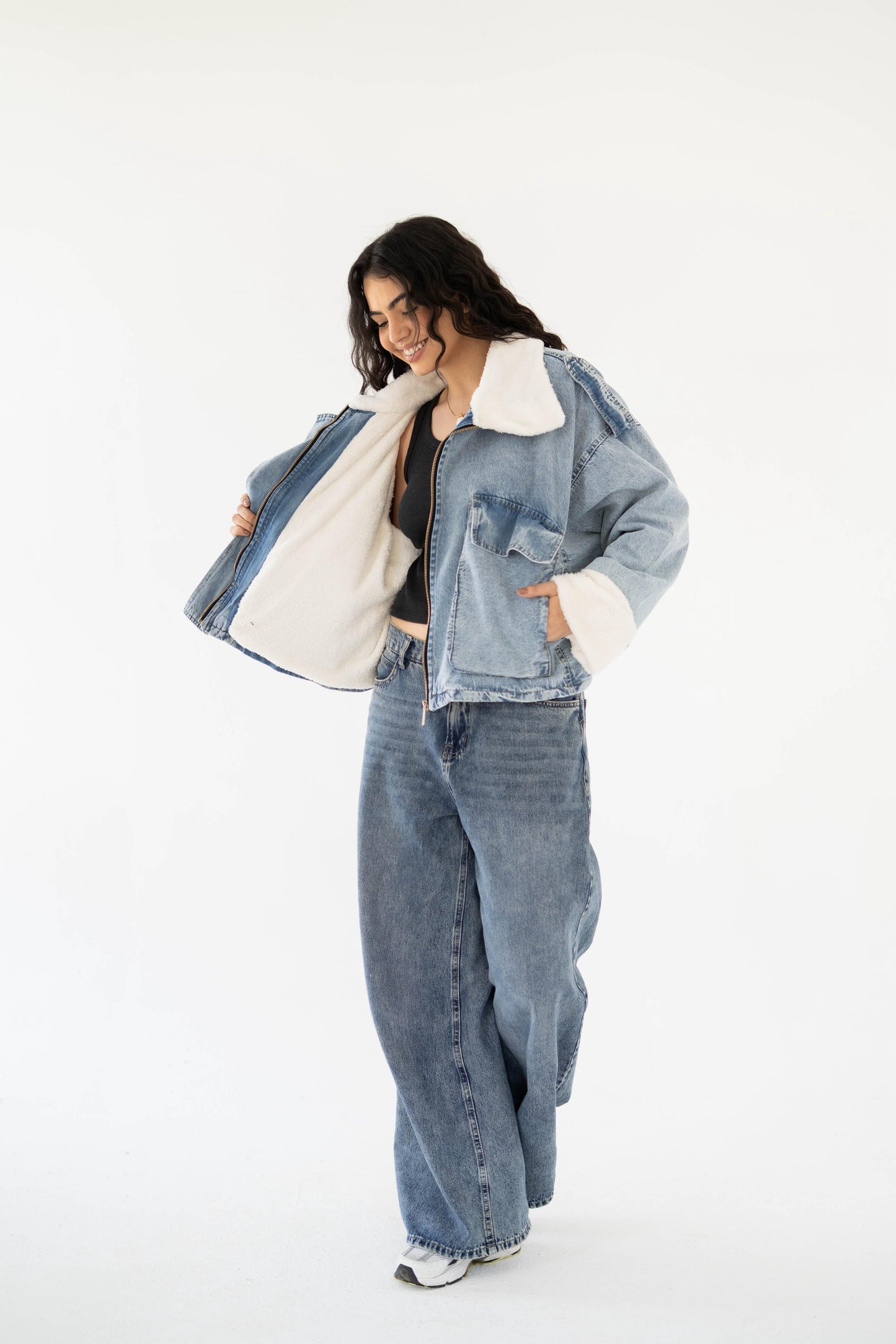Oversized denim fur jacket- Blue Fur White