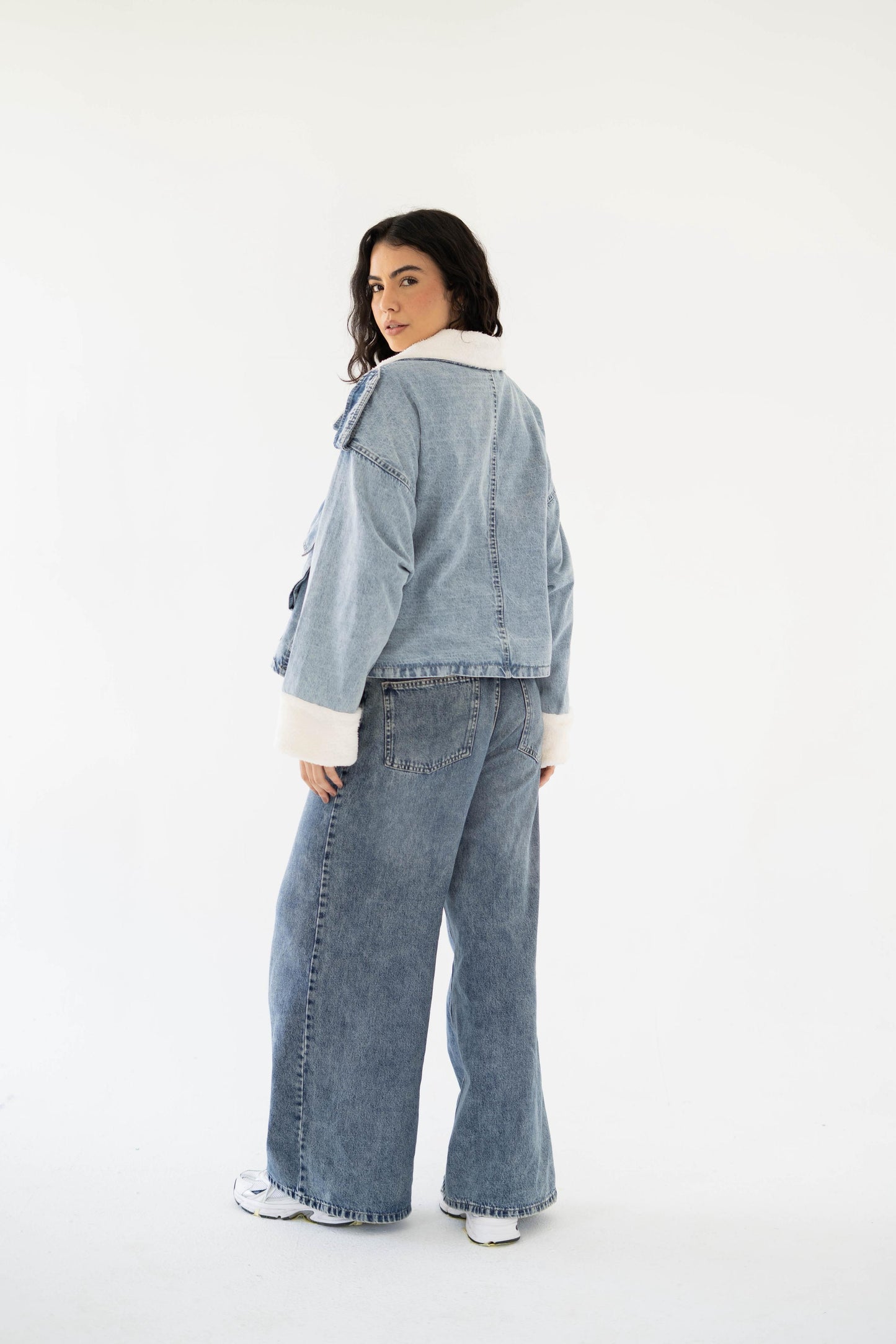 Oversized denim fur jacket- Blue Fur White