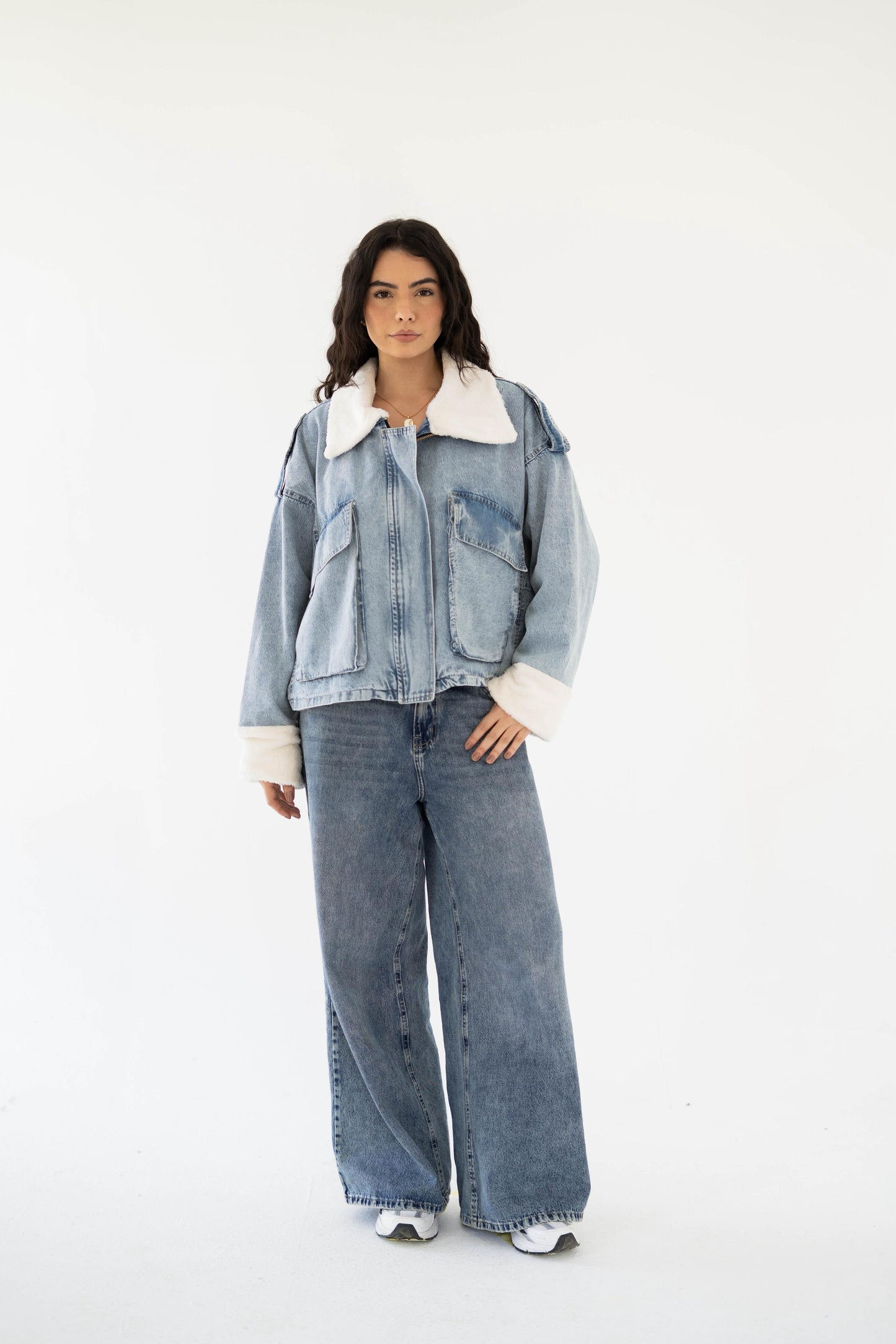 Oversized denim fur jacket- Blue Fur White