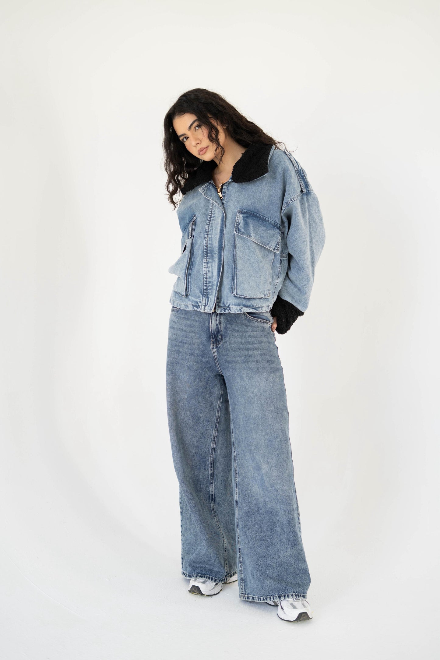 Oversized denim fur jacket- Blue Fur Black