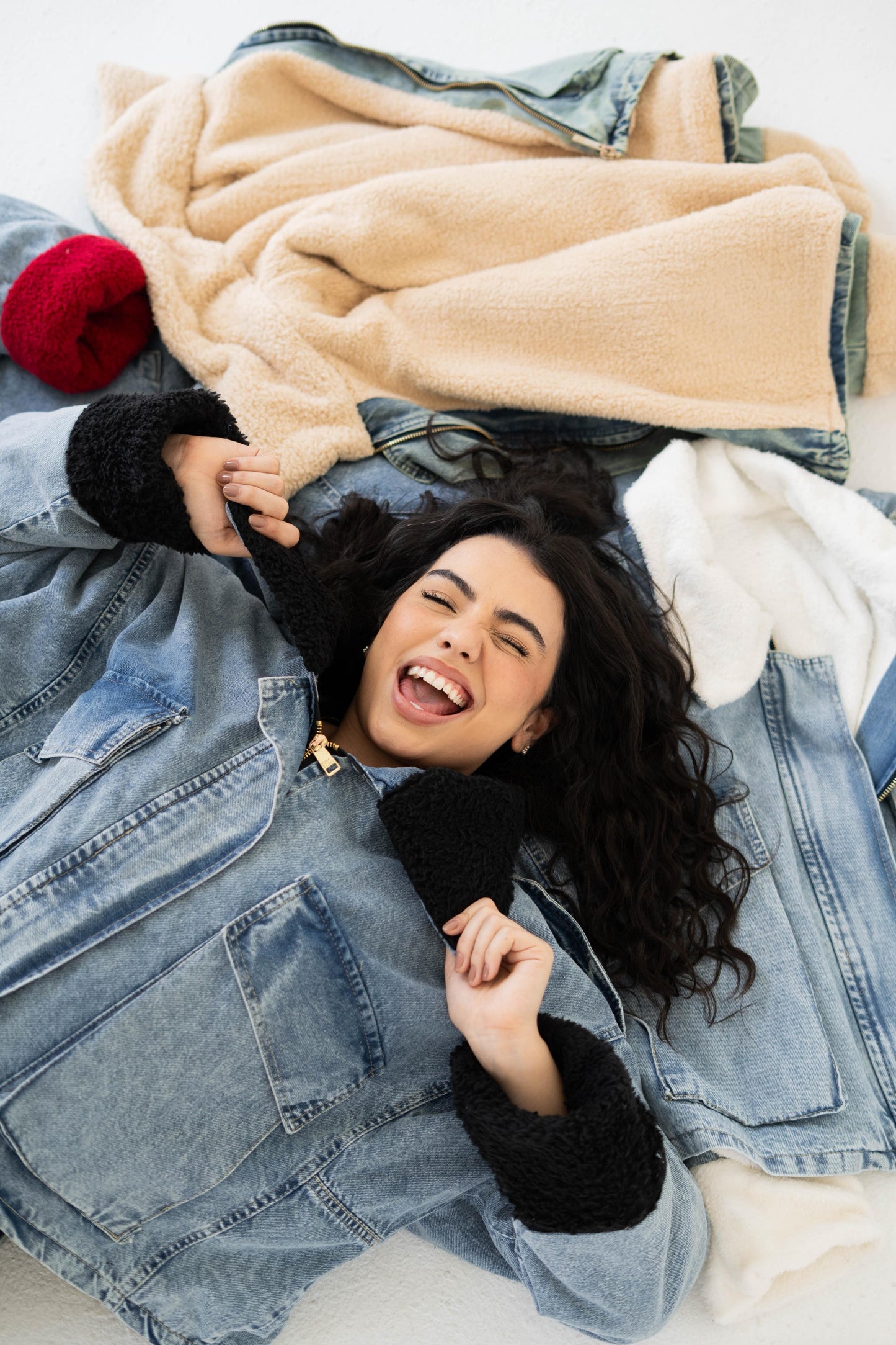 Oversized denim fur jacket- Blue Fur Black
