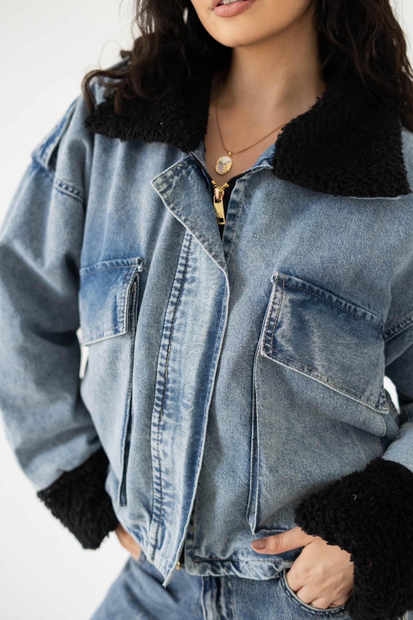 Oversized denim fur jacket- Blue Fur Black