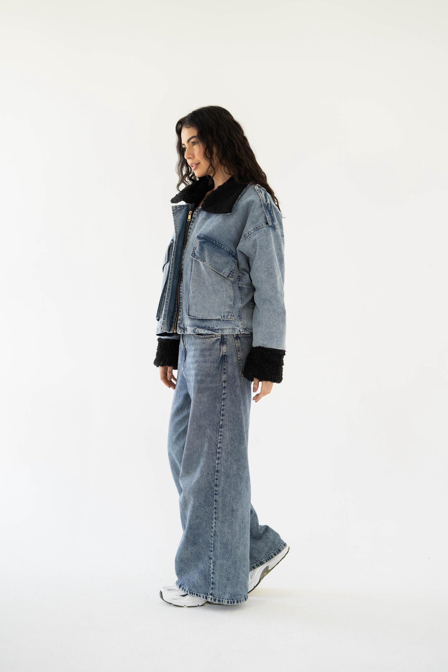 Oversized denim fur jacket- Blue Fur Black