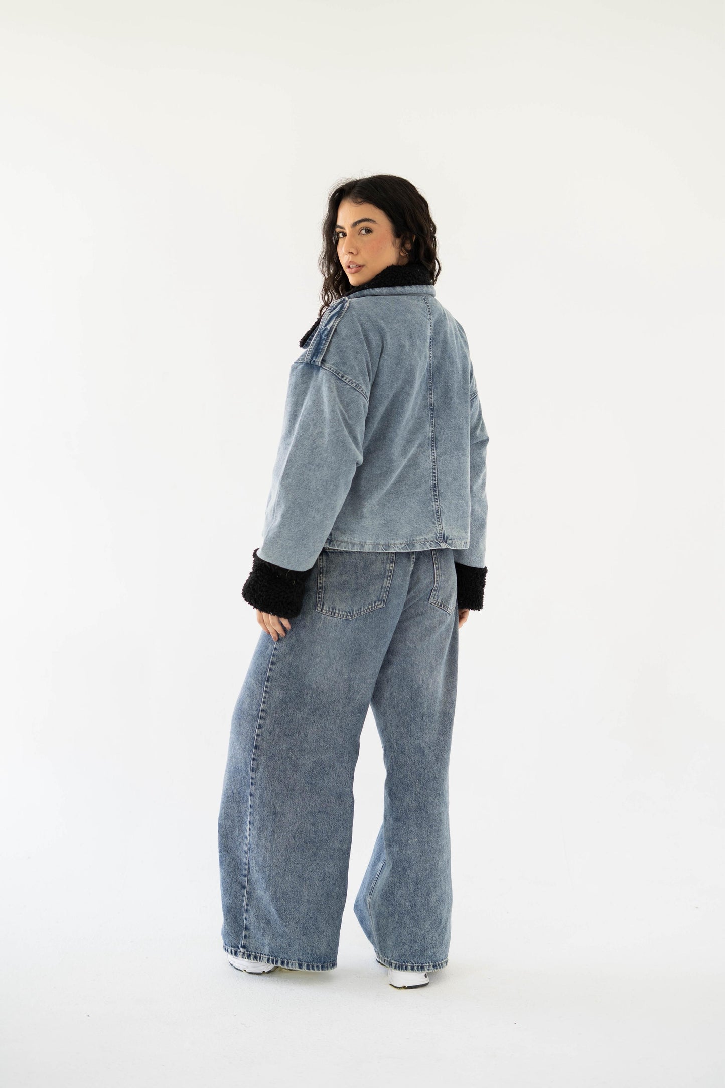 Oversized denim fur jacket- Blue Fur Black