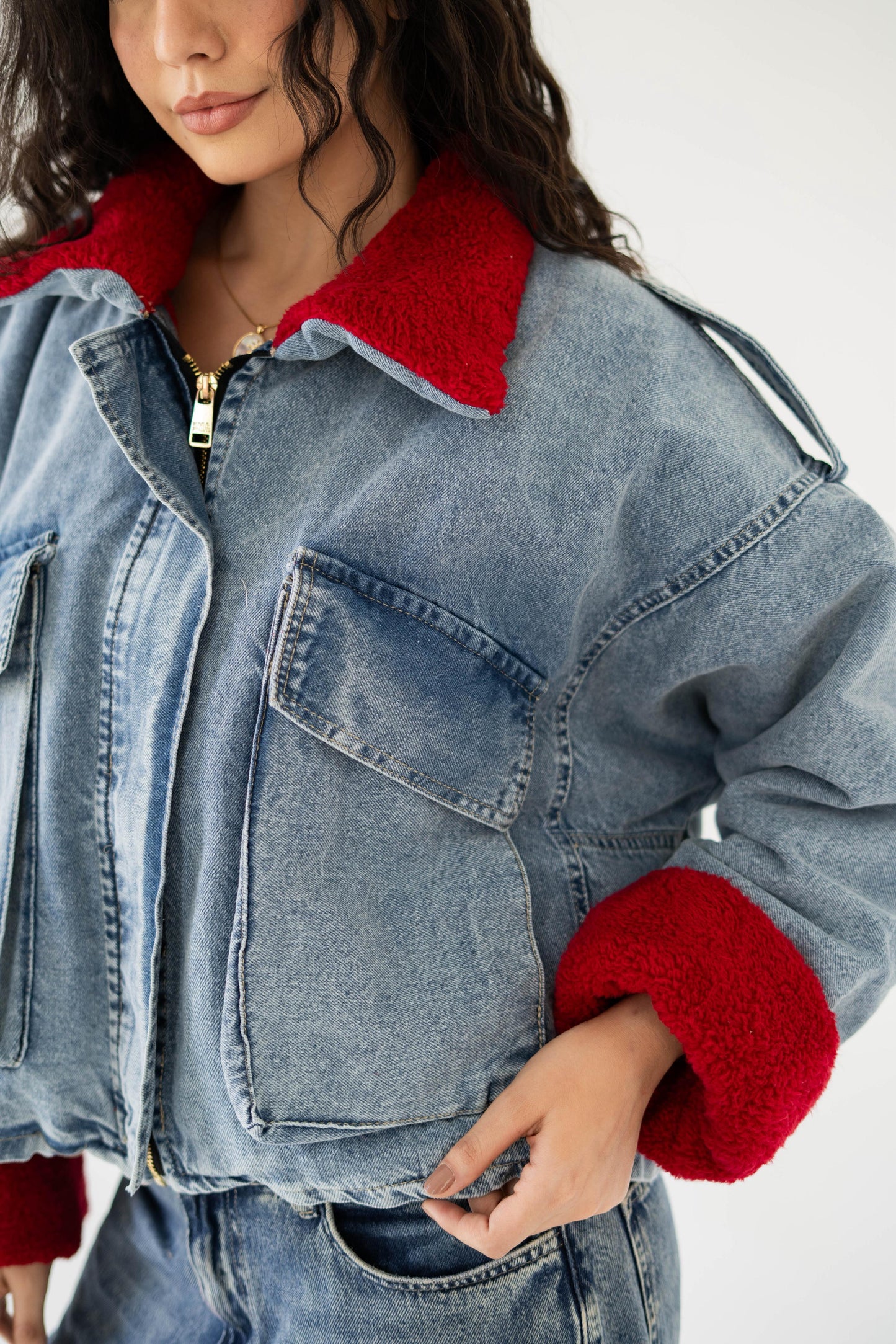 Oversized denim fur jacket- Blue Fur Maroon